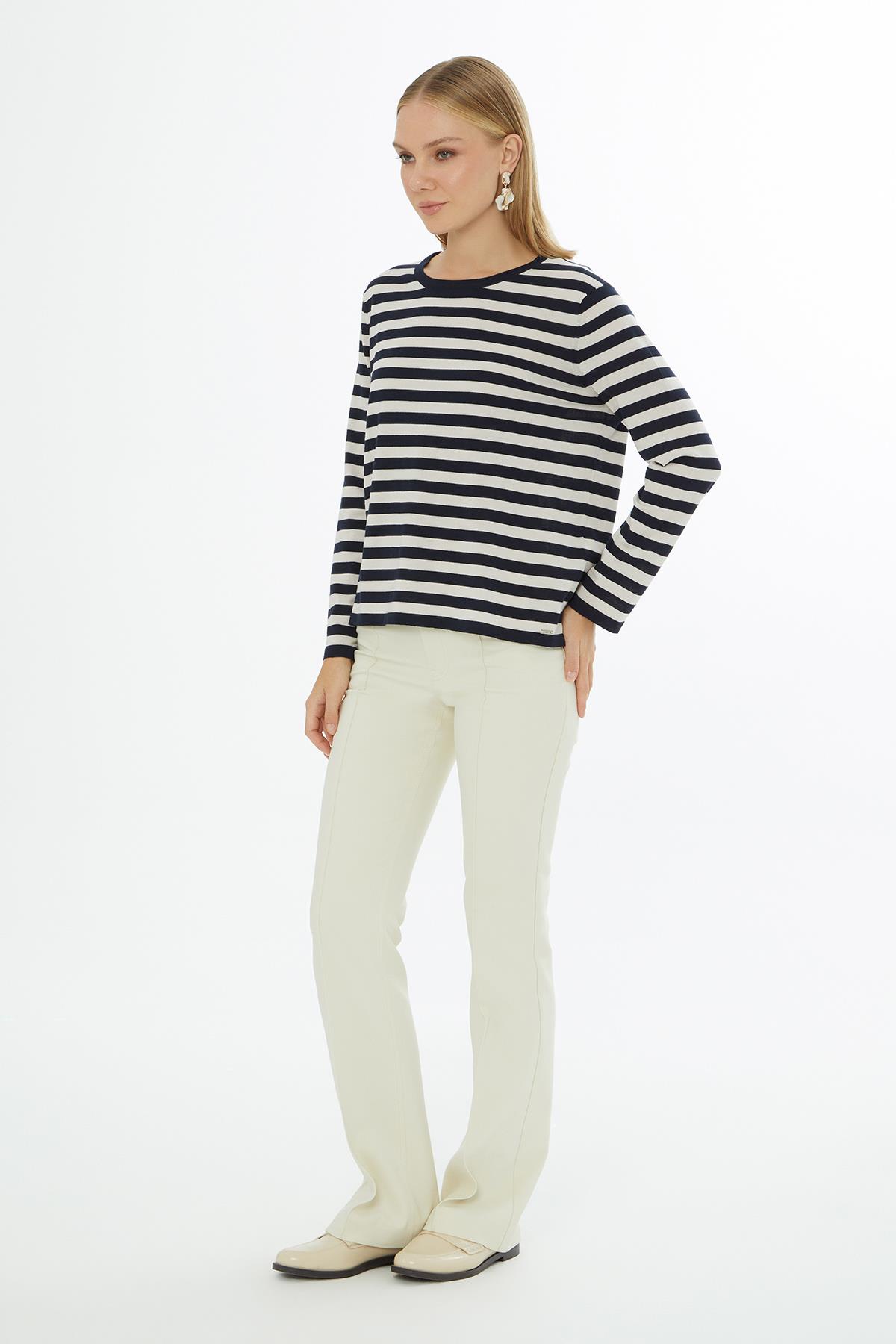Striped Long-Sleeve Knit Top with Round Neck
