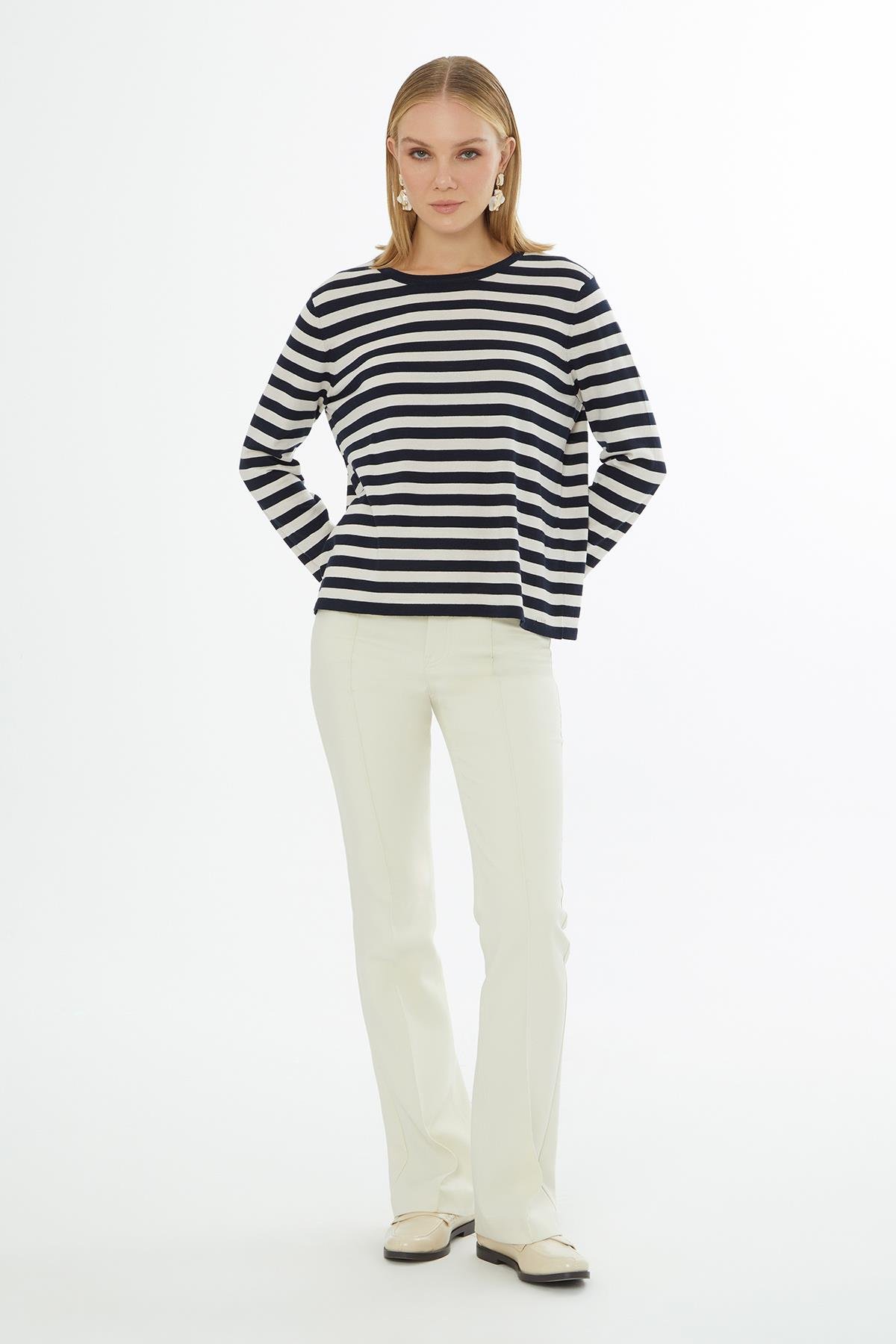 Striped Long-Sleeve Knit Top with Round Neck
