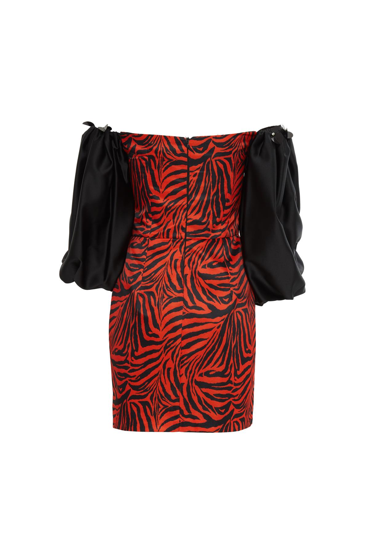 Zebra Desenli Kontrast  Balon Kollu  Mini Elbise