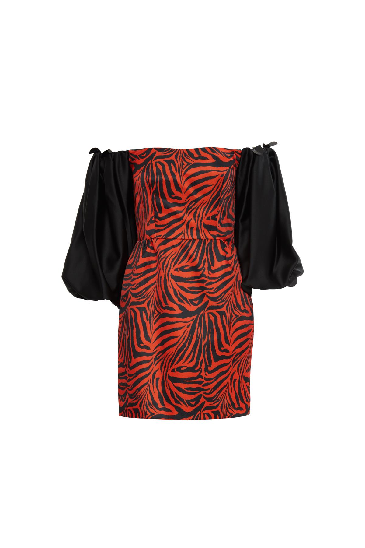 Zebra Desenli Kontrast  Balon Kollu  Mini Elbise