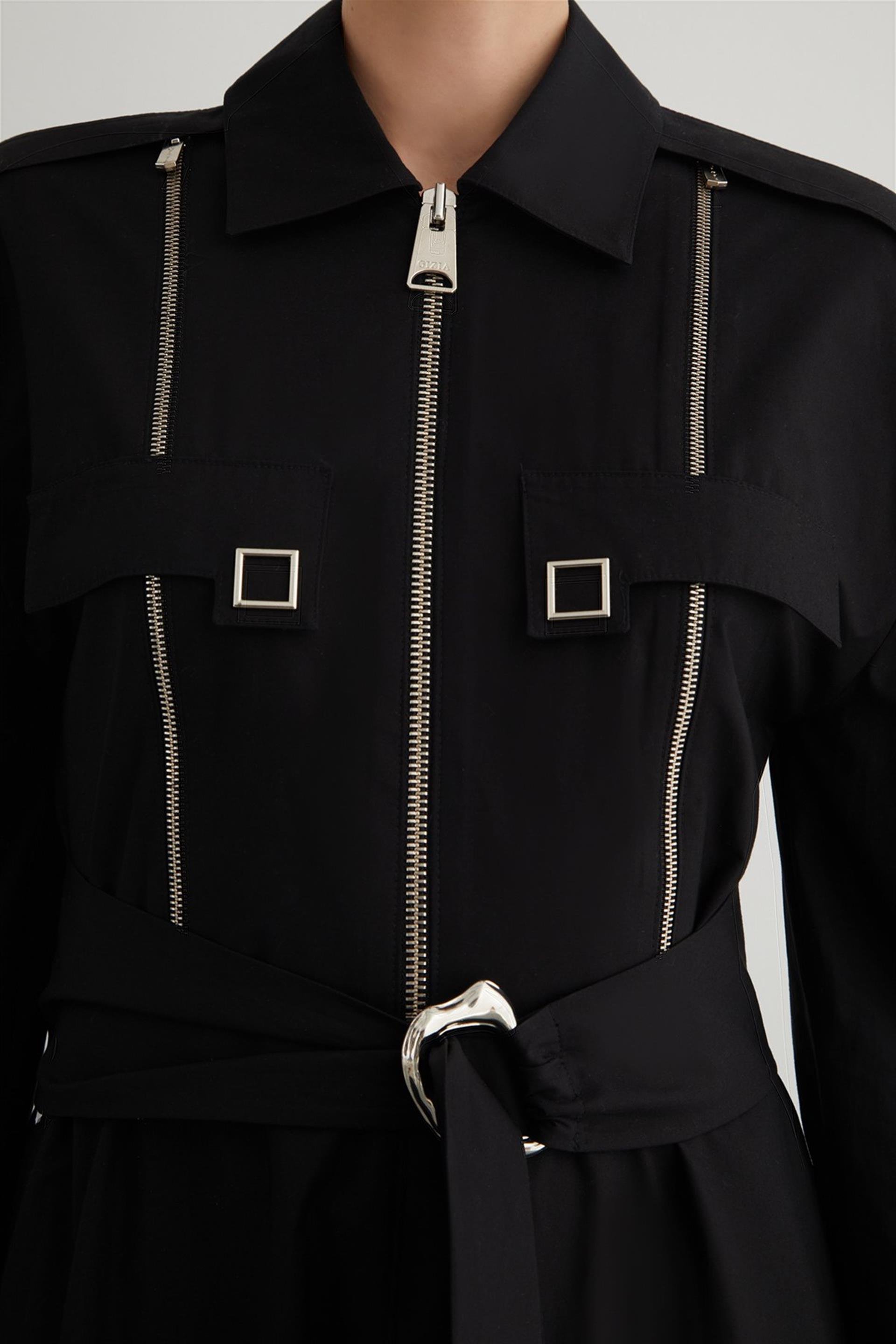 Fermuar Ve Kare Çıtçıt Detaylı Tokalı Seyyar Kuşak Elbise