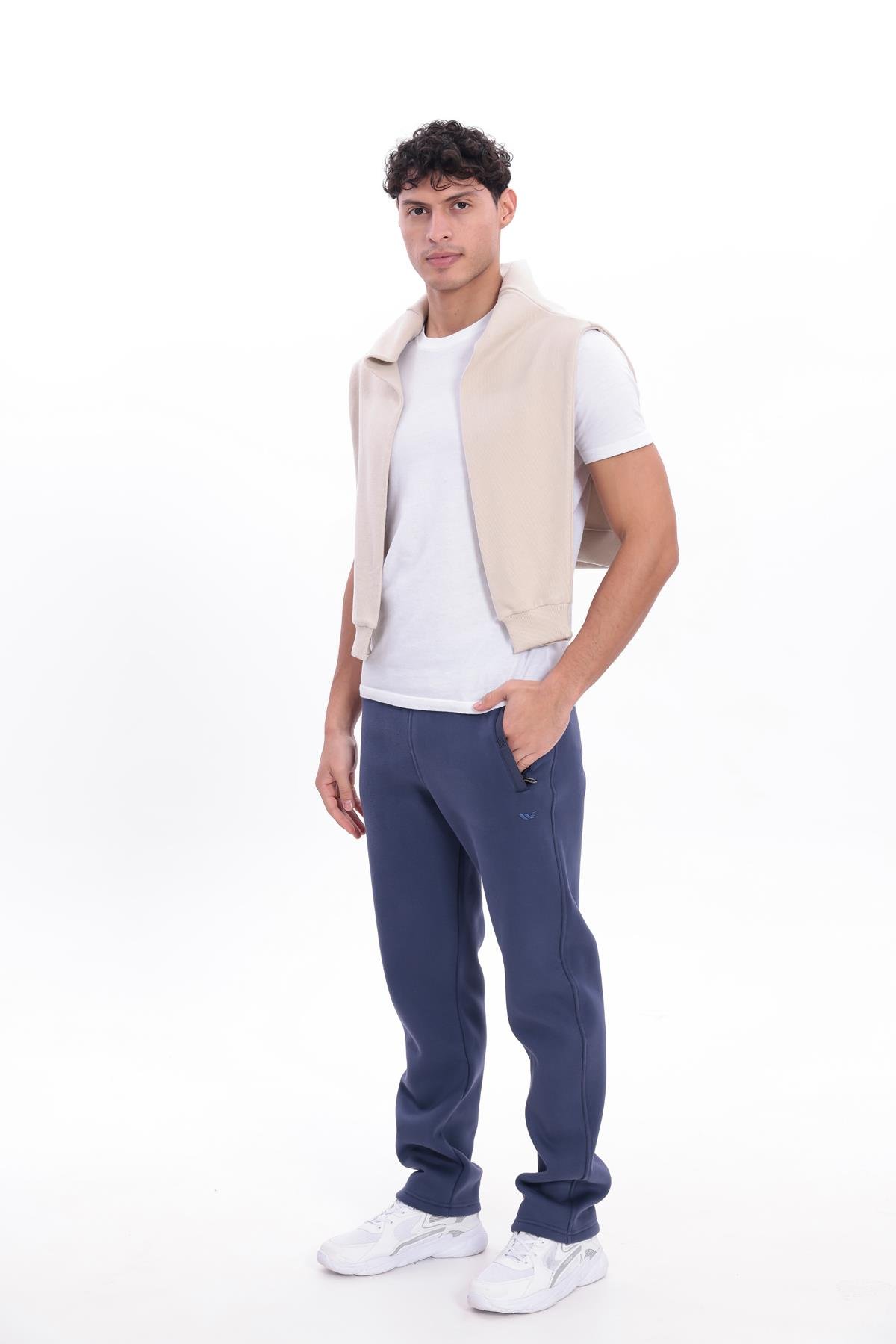 3 İplik Kalın Dokulu Fermuarlı Cepli Düz Paça Erkek Eşofman Altı