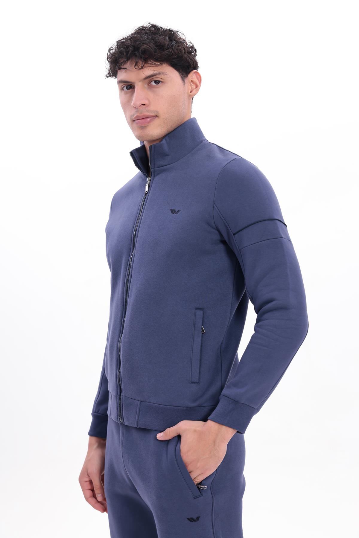3 İplik Kalın Dokulu Parçalı Görünümlü Kapüşonlu Tam Fermuarlı Erkek Sweatshirt