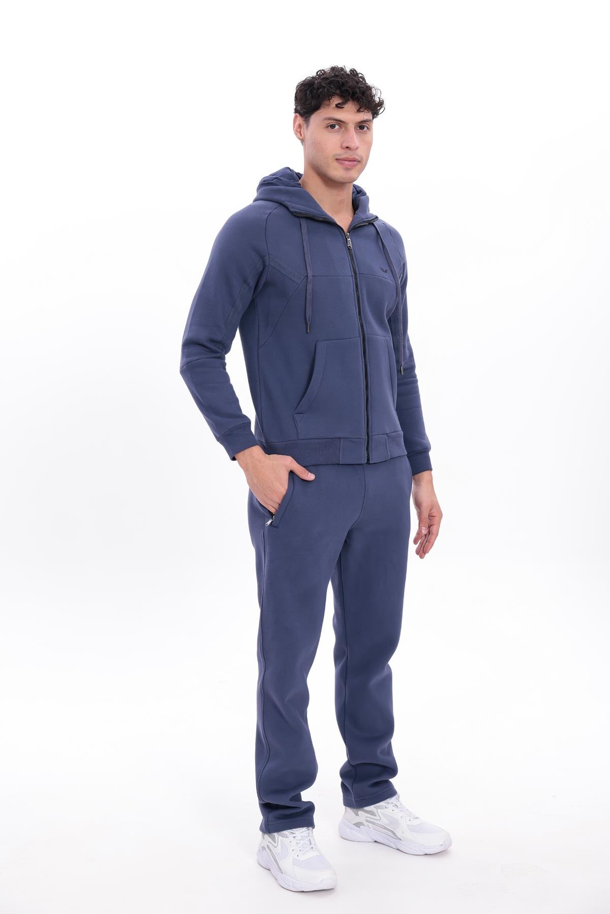 3 İplik Kalın Dokulu Parçalı Görünümlü Kapüşonlu Tam Fermuarlı Erkek Sweatshirt