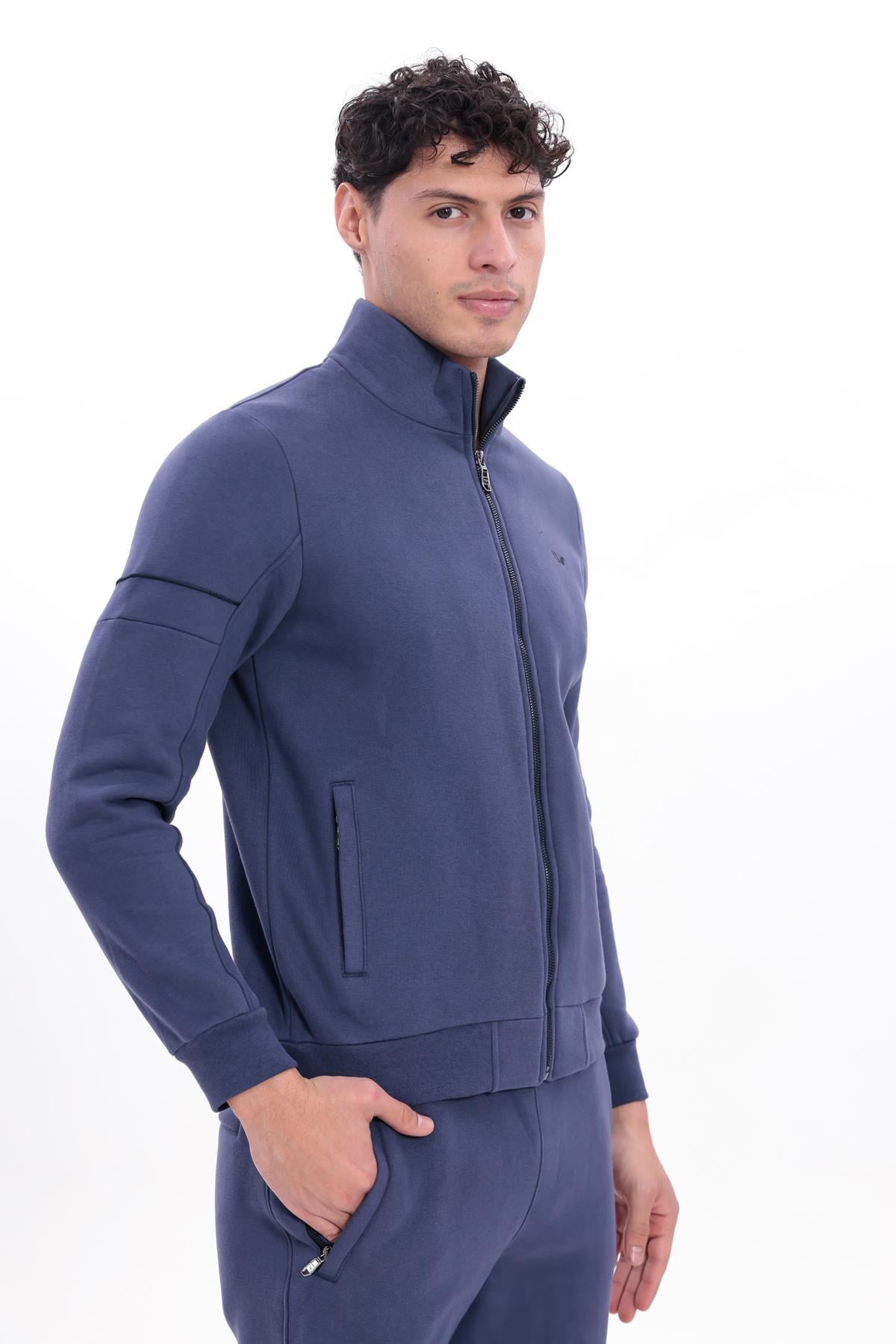 3 İplik Kalın Dokulu Parçalı Görünümlü Kapüşonlu Tam Fermuarlı Erkek Sweatshirt