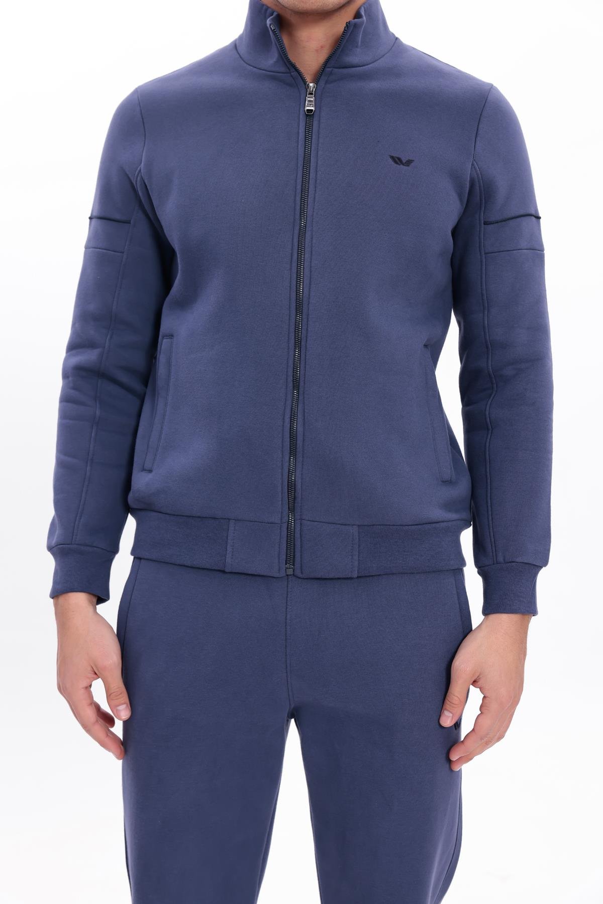 3 İplik Kalın Dokulu Parçalı Görünümlü Kapüşonlu Tam Fermuarlı Erkek Sweatshirt