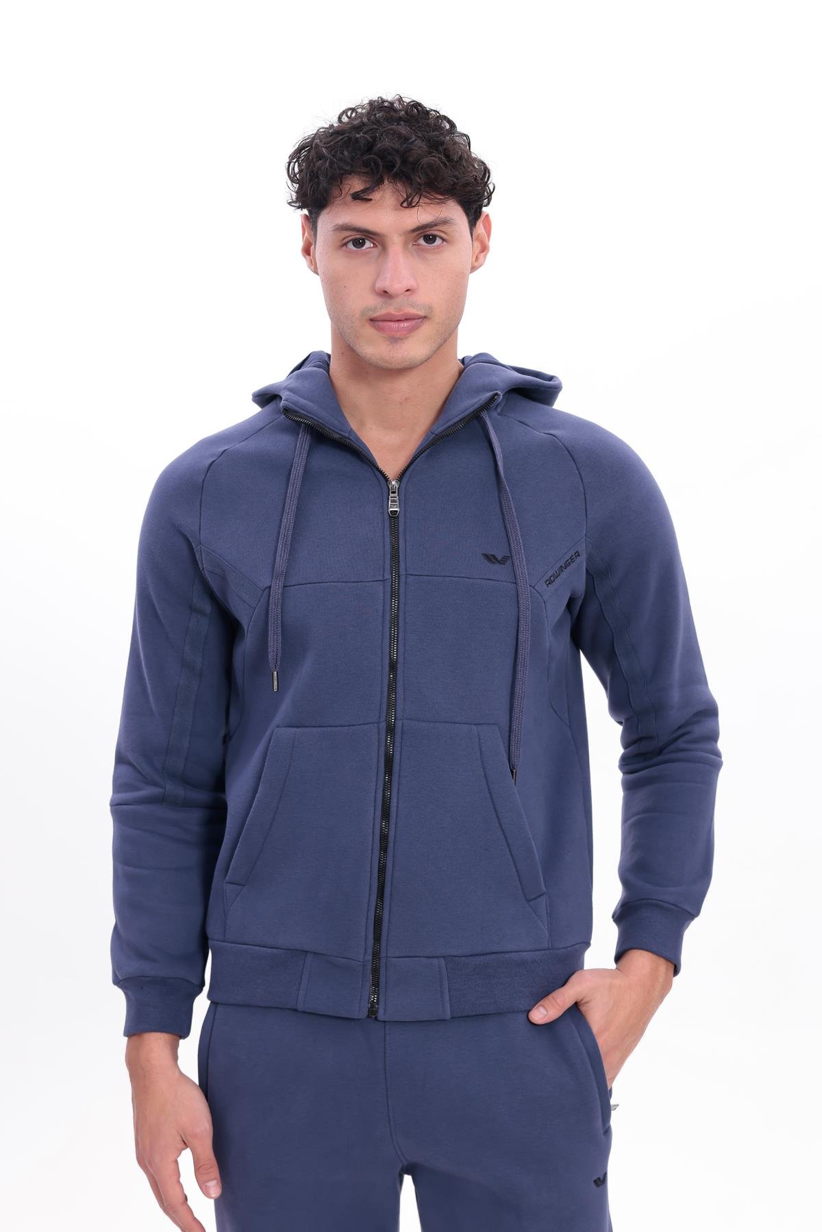 3 İplik Kalın Dokulu Parçalı Görünümlü Kapüşonlu Tam Fermuarlı Erkek Sweatshirt