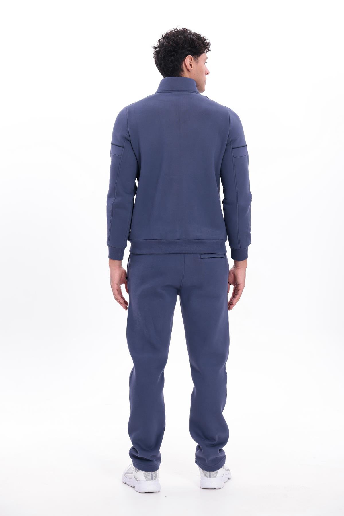 3 İplik Kalın Dokulu Parçalı Görünümlü Kapüşonlu Tam Fermuarlı Erkek Sweatshirt