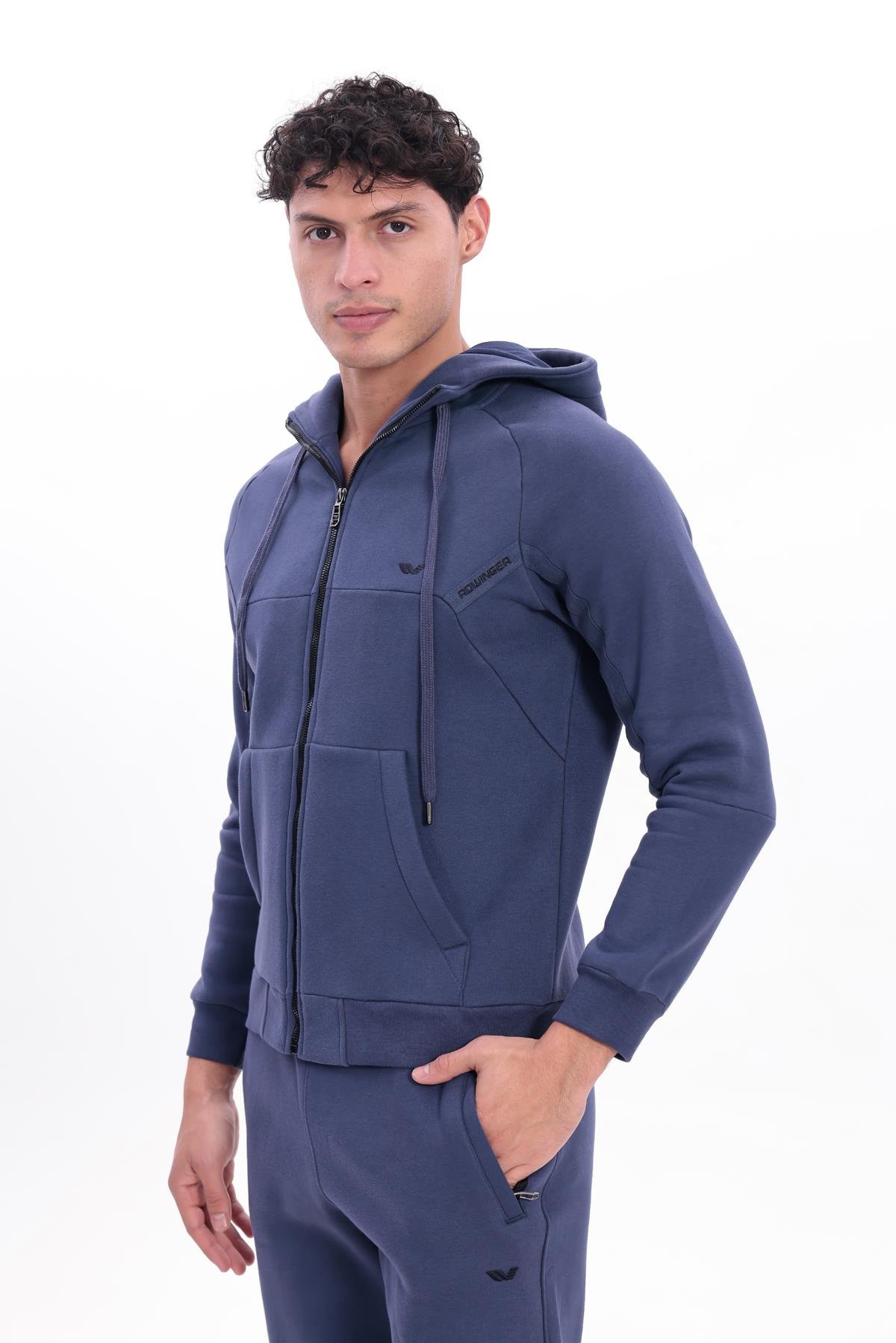 3 İplik Kalın Dokulu Parçalı Görünümlü Kapüşonlu Tam Fermuarlı Erkek Sweatshirt