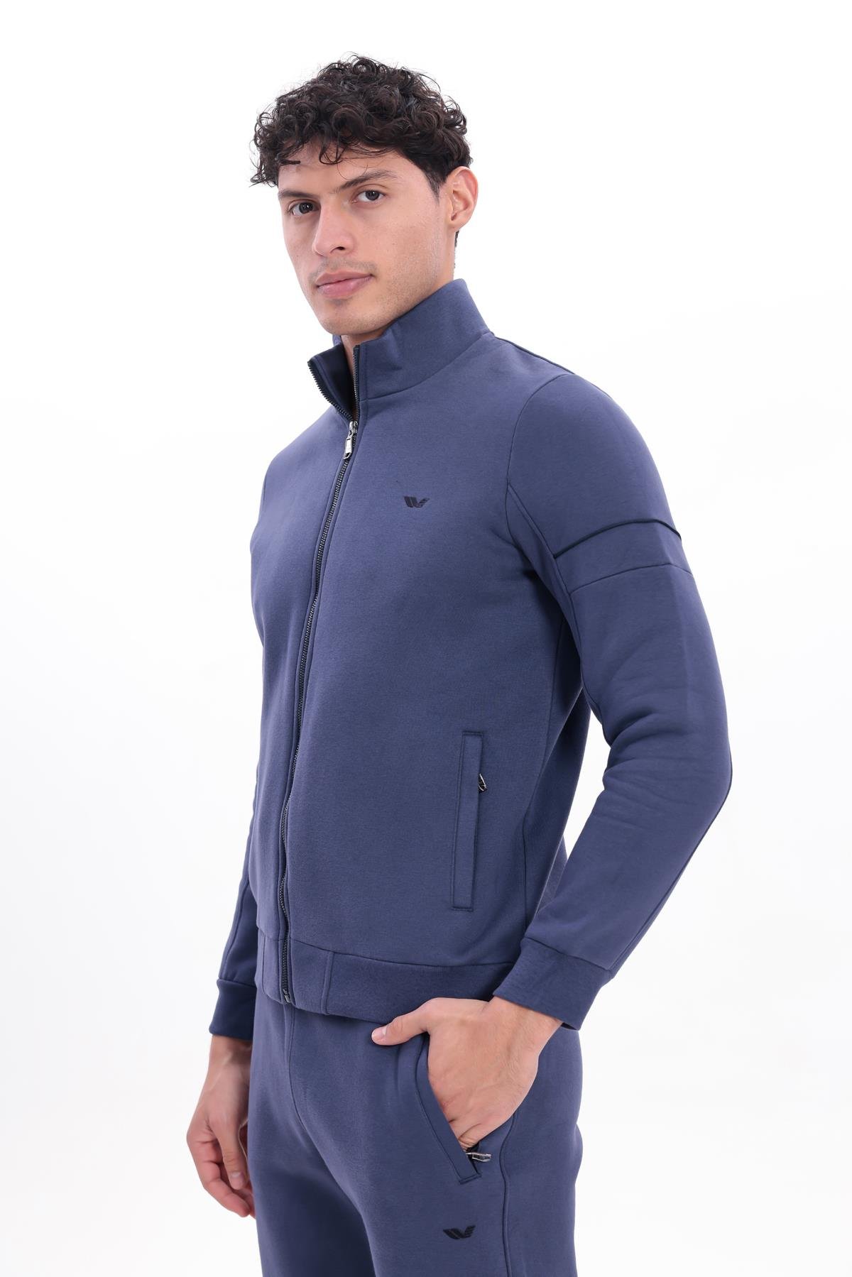 3 İplik Kalın Dokulu Parçalı Görünümlü Kapüşonlu Tam Fermuarlı Erkek Sweatshirt