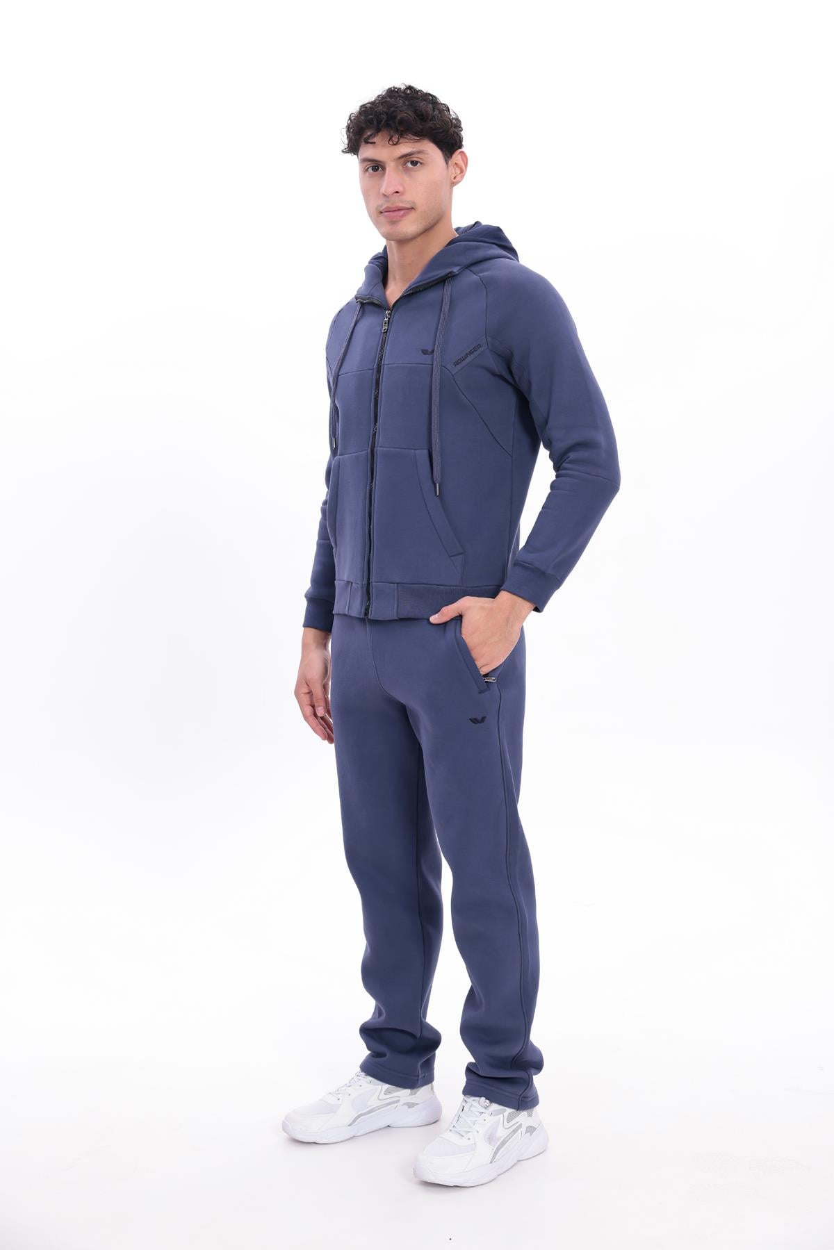3 İplik Kalın Dokulu Parçalı Görünümlü Kapüşonlu Tam Fermuarlı Erkek Sweatshirt