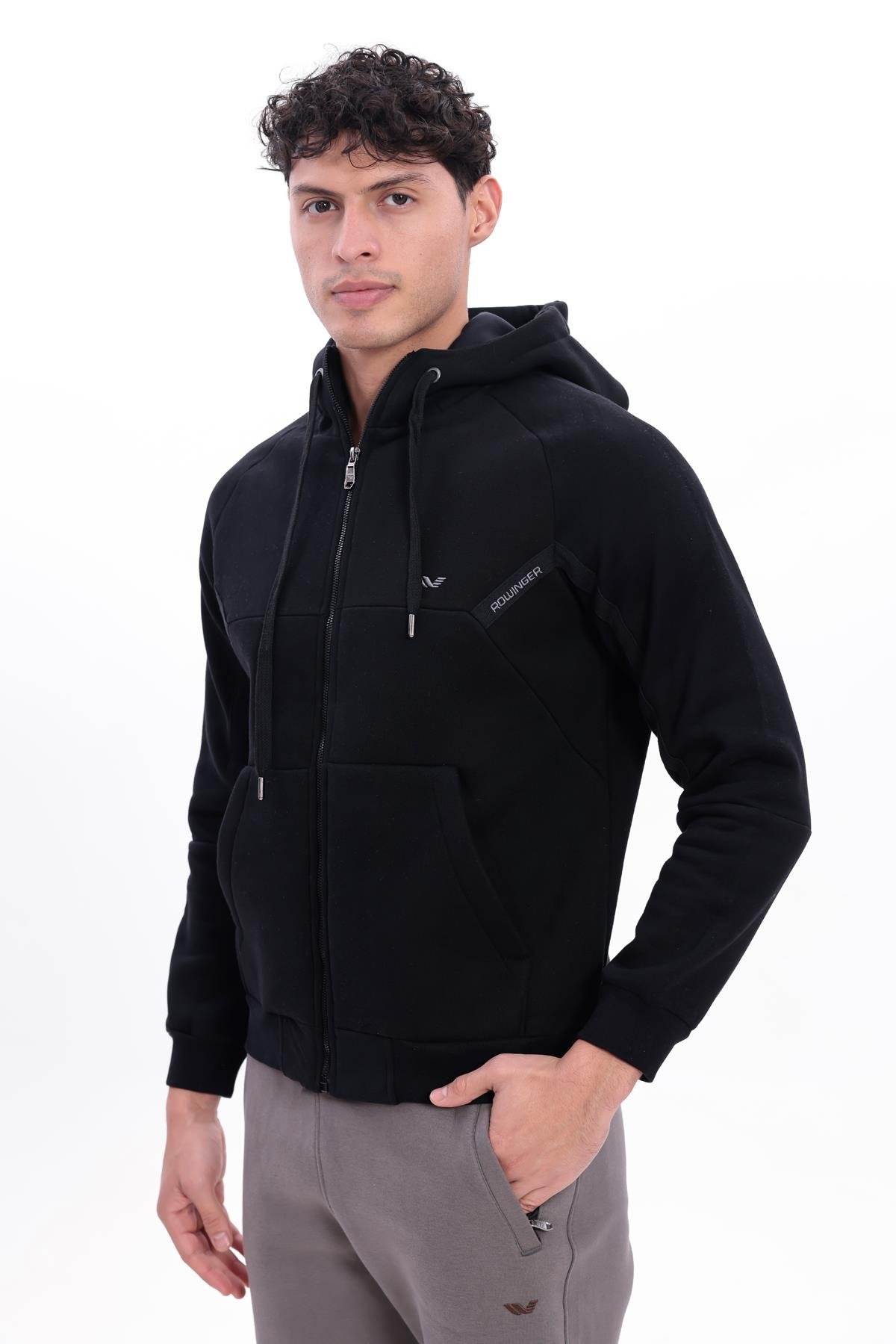 3 İplik Kalın Dokulu Parçalı Görünümlü Kapüşonlu Tam Fermuarlı Erkek Sweatshirt
