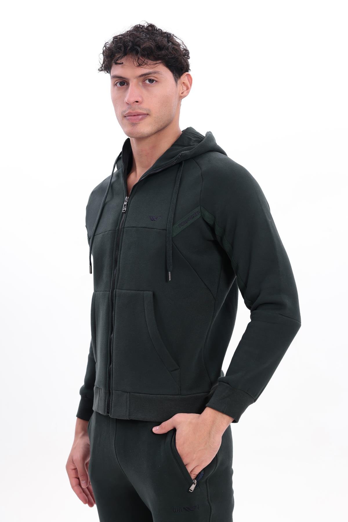 3 İplik Kalın Dokulu Parçalı Görünümlü Kapüşonlu Tam Fermuarlı Erkek Sweatshirt