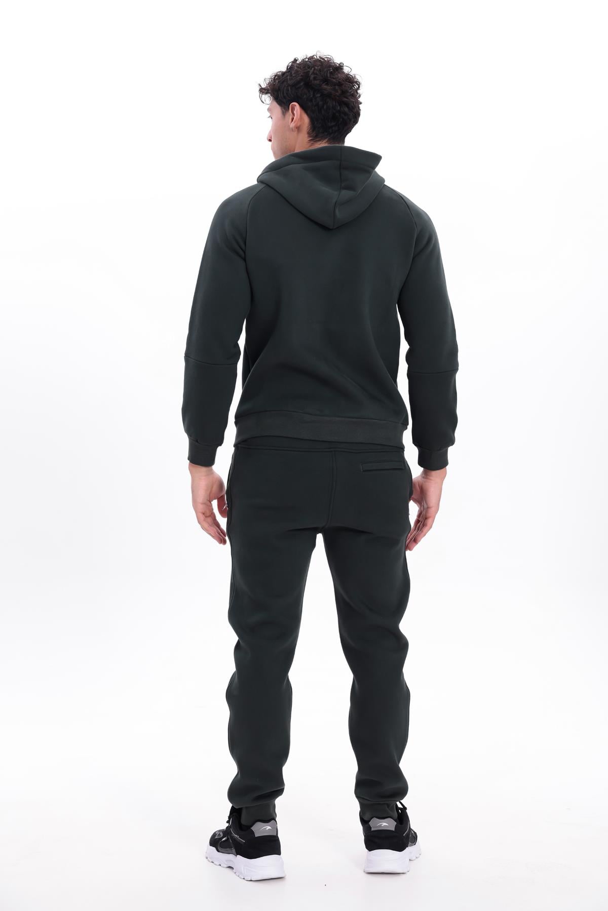 3 İplik Kalın Dokulu Parçalı Görünümlü Kapüşonlu Tam Fermuarlı Erkek Sweatshirt