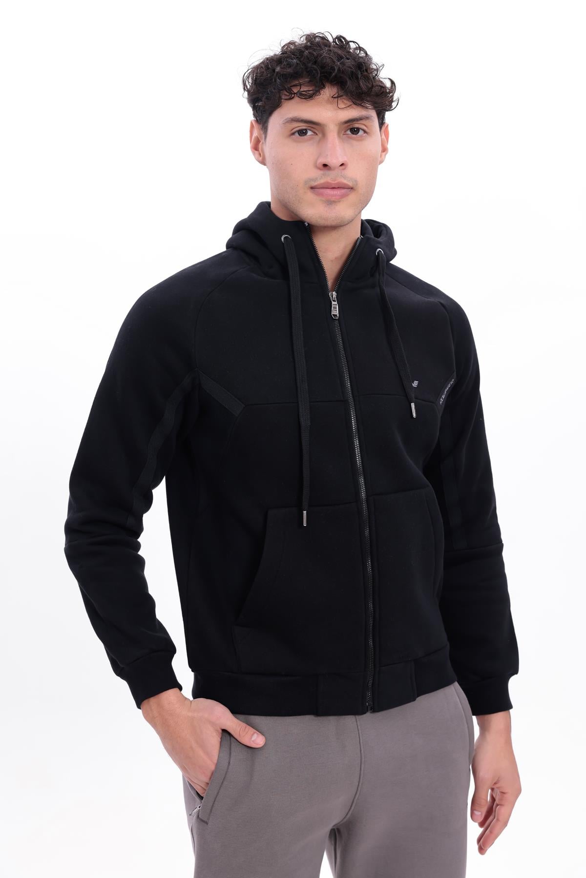 3 İplik Kalın Dokulu Parçalı Görünümlü Kapüşonlu Tam Fermuarlı Erkek Sweatshirt