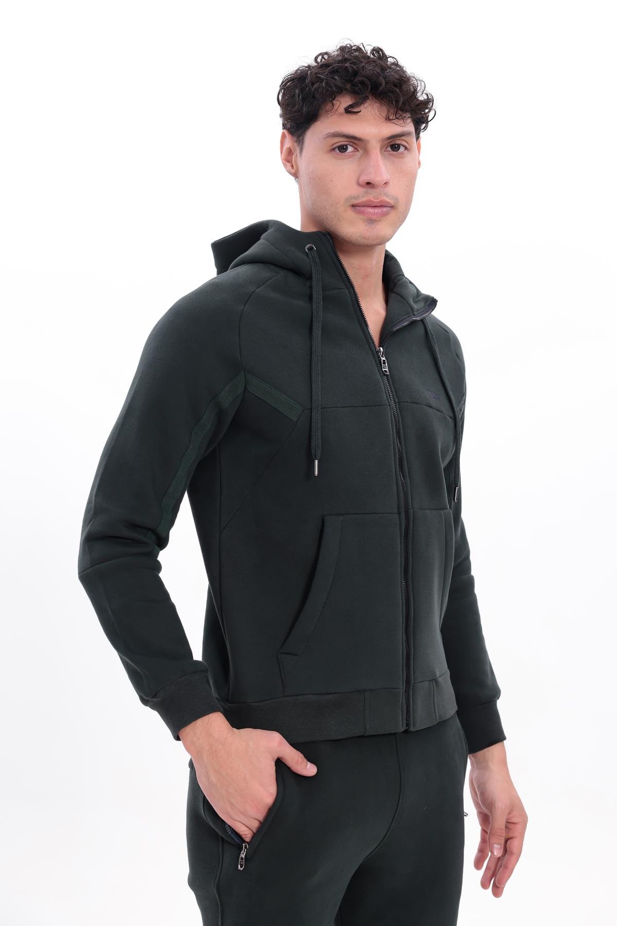 3 İplik Kalın Dokulu Parçalı Görünümlü Kapüşonlu Tam Fermuarlı Erkek Sweatshirt