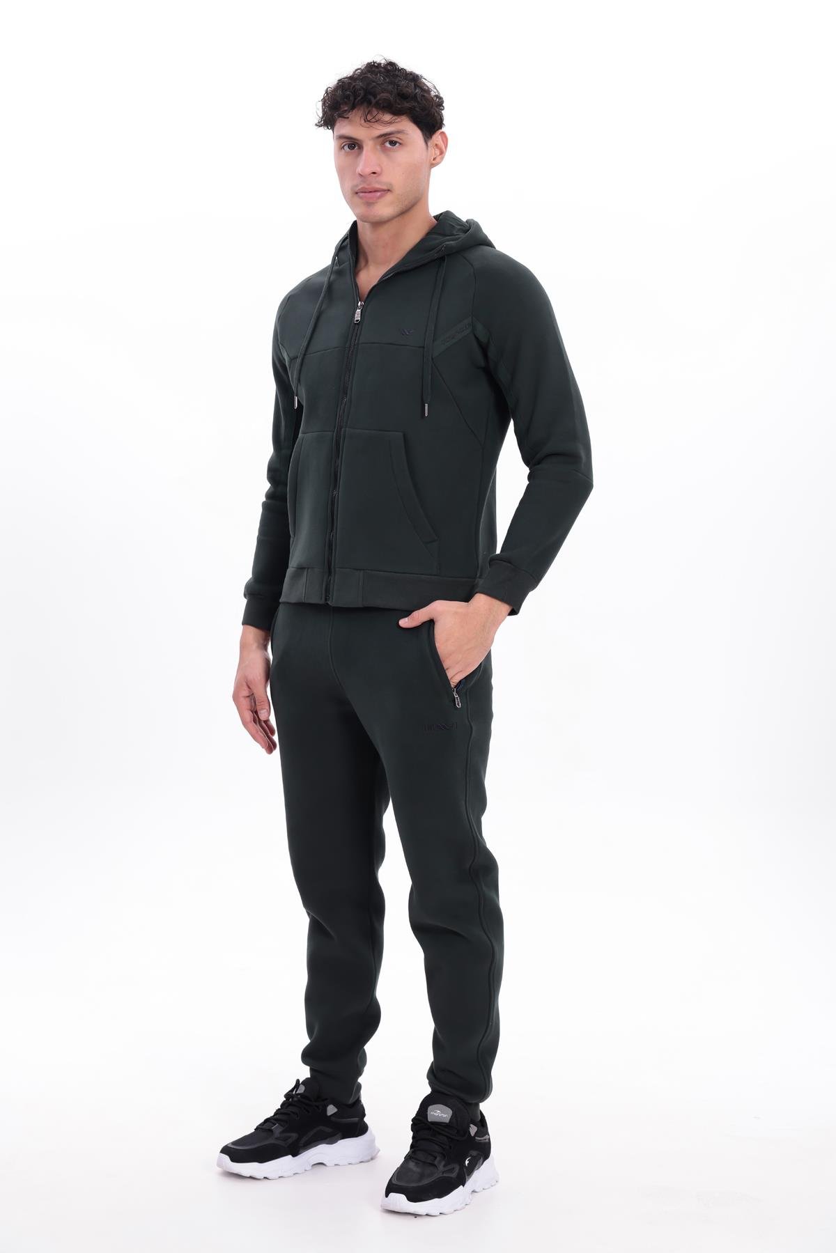 3 İplik Kalın Dokulu Parçalı Görünümlü Kapüşonlu Tam Fermuarlı Erkek Sweatshirt