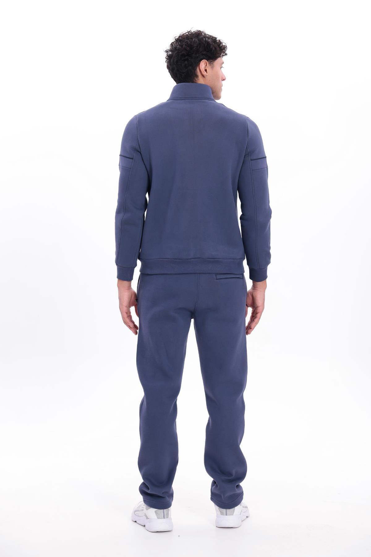3 İplik Kalın Dokulu Parçalı Görünümlü Kapüşonlu Tam Fermuarlı Erkek Sweatshirt