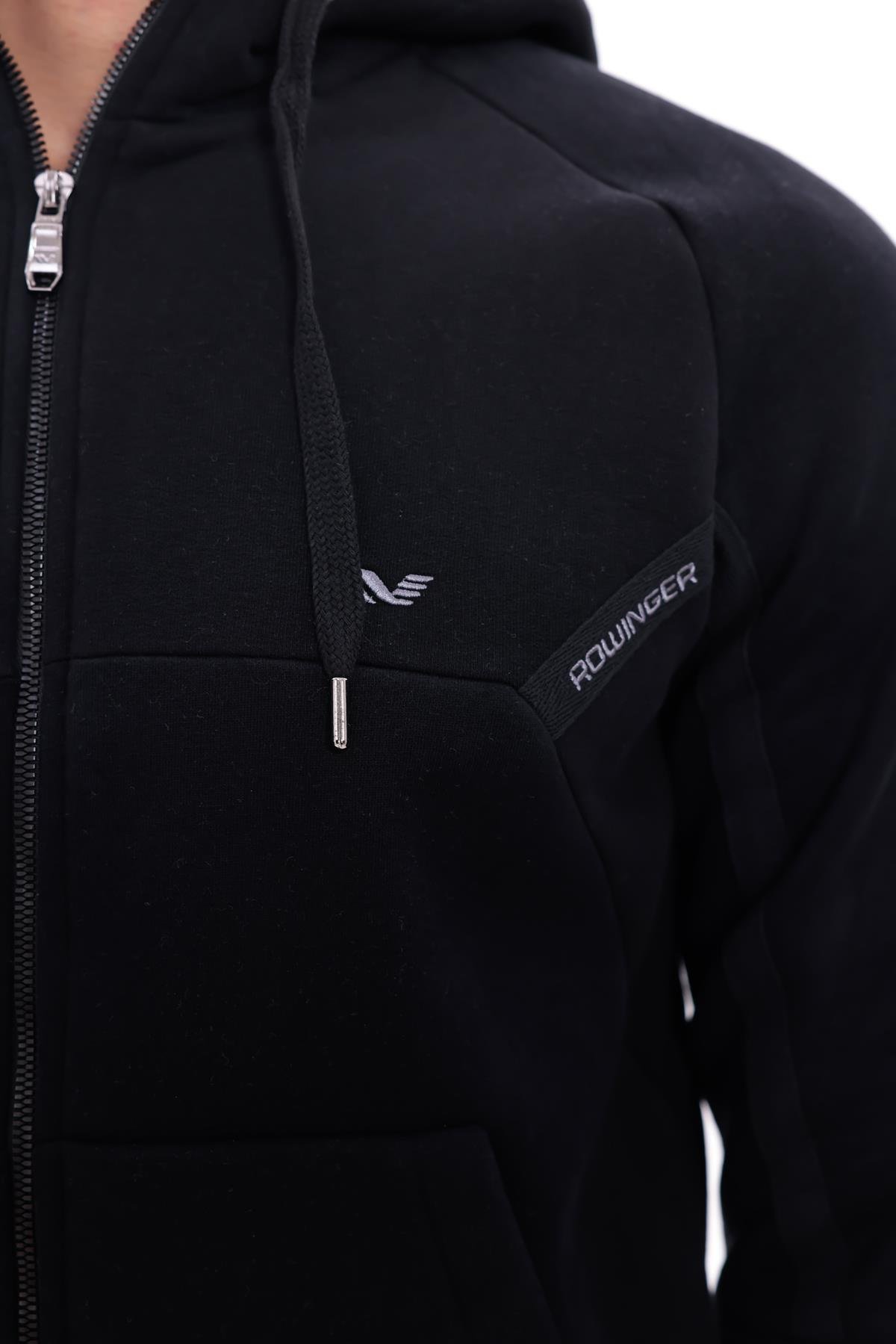 3 İplik Kalın Dokulu Parçalı Görünümlü Kapüşonlu Tam Fermuarlı Erkek Sweatshirt