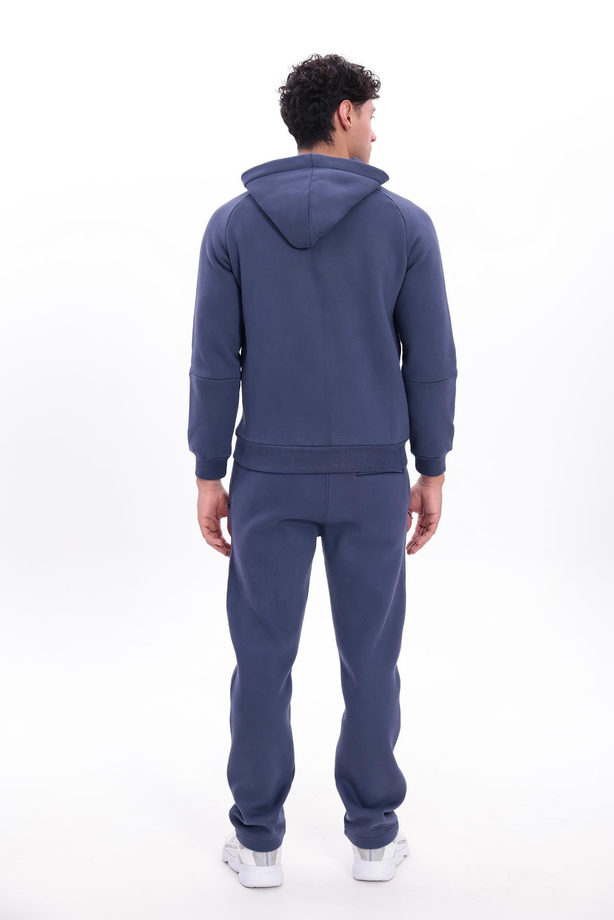 3 İplik Kalın Dokulu Parçalı Görünümlü Kapüşonlu Tam Fermuarlı Erkek Sweatshirt