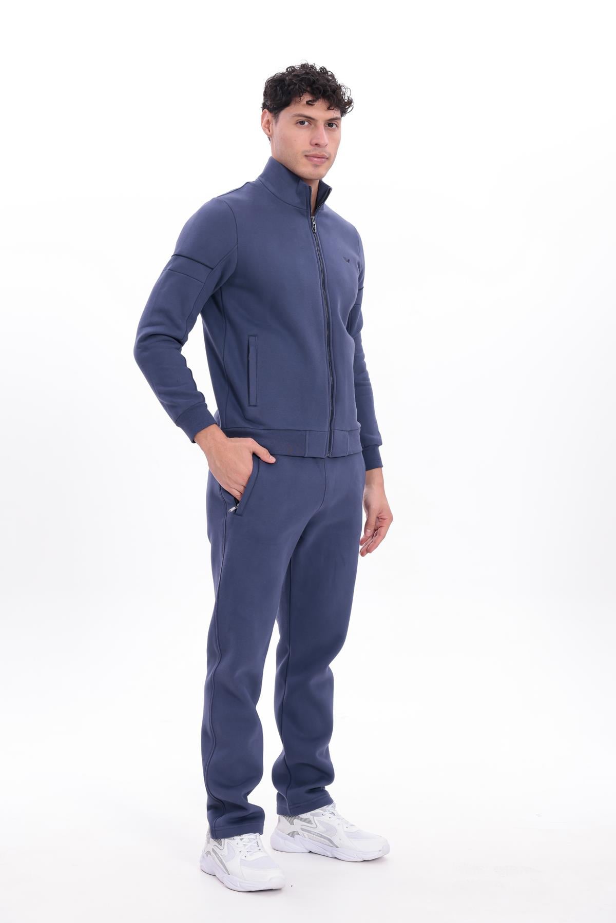 3 İplik Kalın Dokulu Parçalı Görünümlü Kapüşonlu Tam Fermuarlı Erkek Sweatshirt