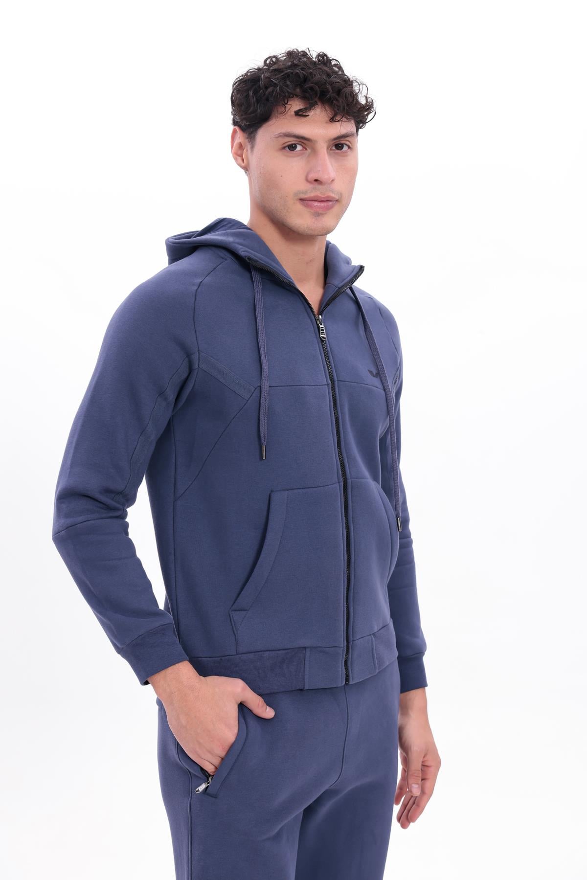 3 İplik Kalın Dokulu Parçalı Görünümlü Kapüşonlu Tam Fermuarlı Erkek Sweatshirt
