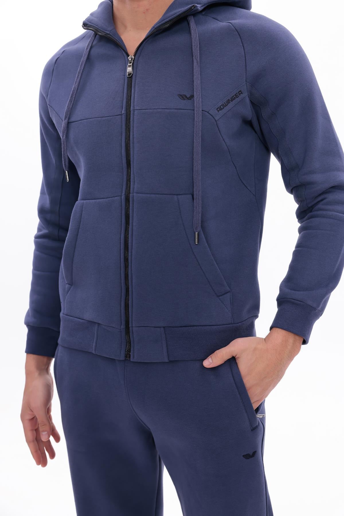 3 İplik Kalın Dokulu Parçalı Görünümlü Kapüşonlu Tam Fermuarlı Erkek Sweatshirt