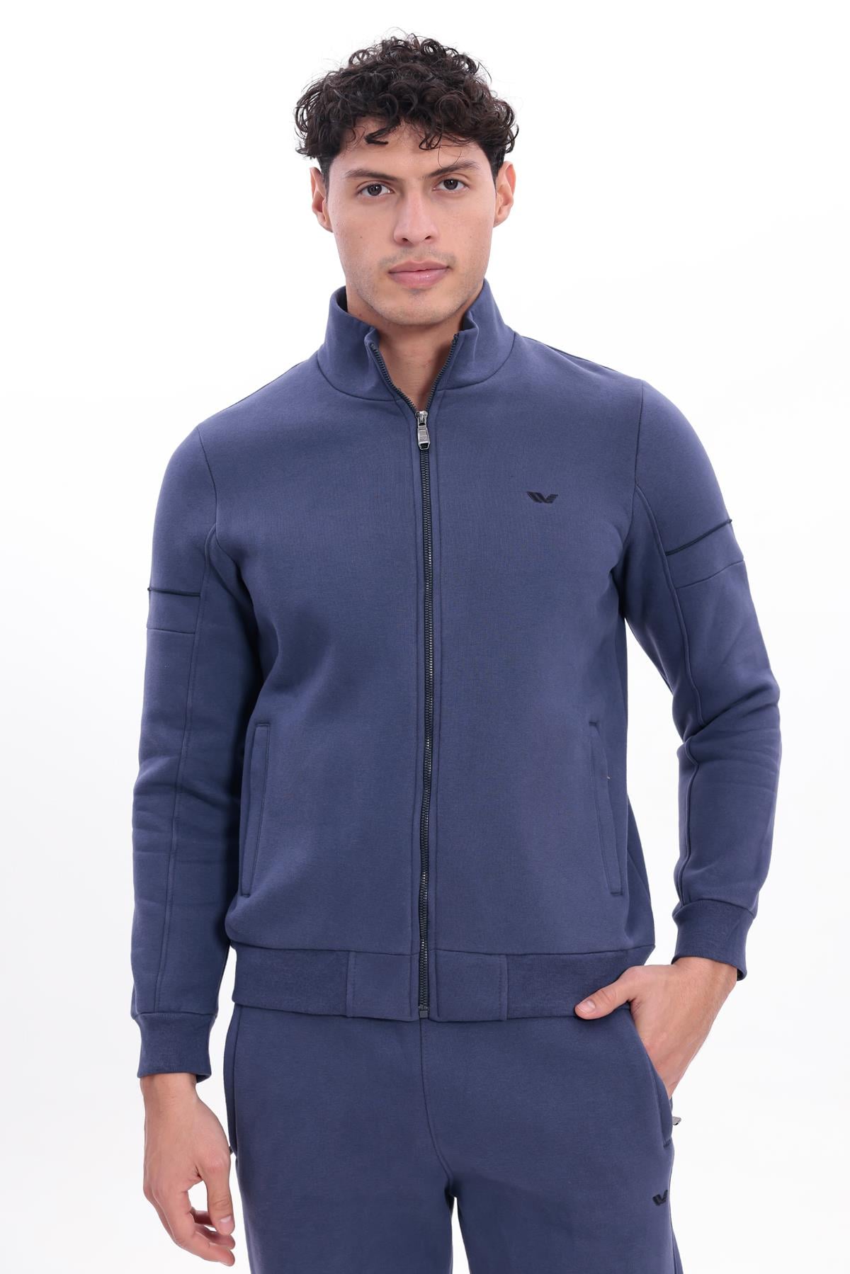 3 İplik Kalın Dokulu Parçalı Görünümlü Kapüşonlu Tam Fermuarlı Erkek Sweatshirt
