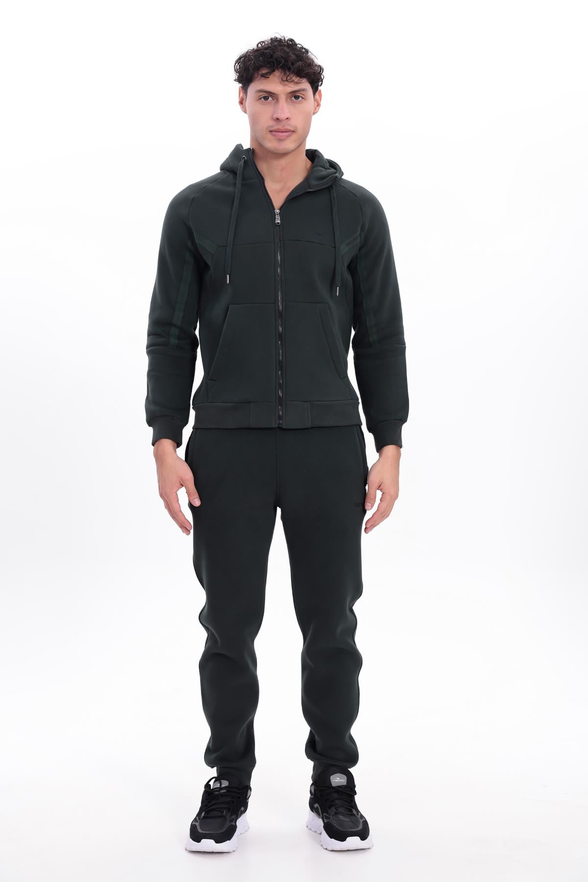 3 İplik Kalın Dokulu Parçalı Görünümlü Kapüşonlu Tam Fermuarlı Erkek Sweatshirt
