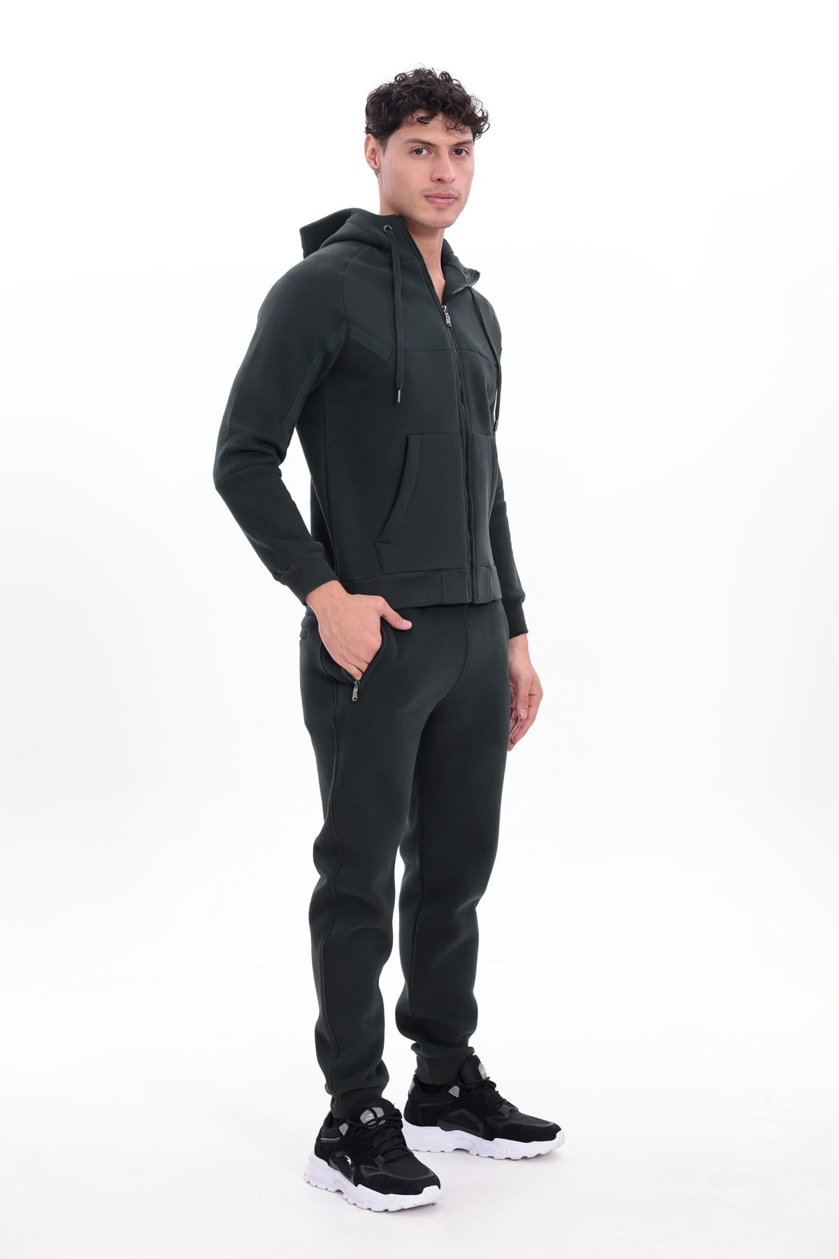 3 İplik Kalın Dokulu Parçalı Görünümlü Kapüşonlu Tam Fermuarlı Erkek Sweatshirt