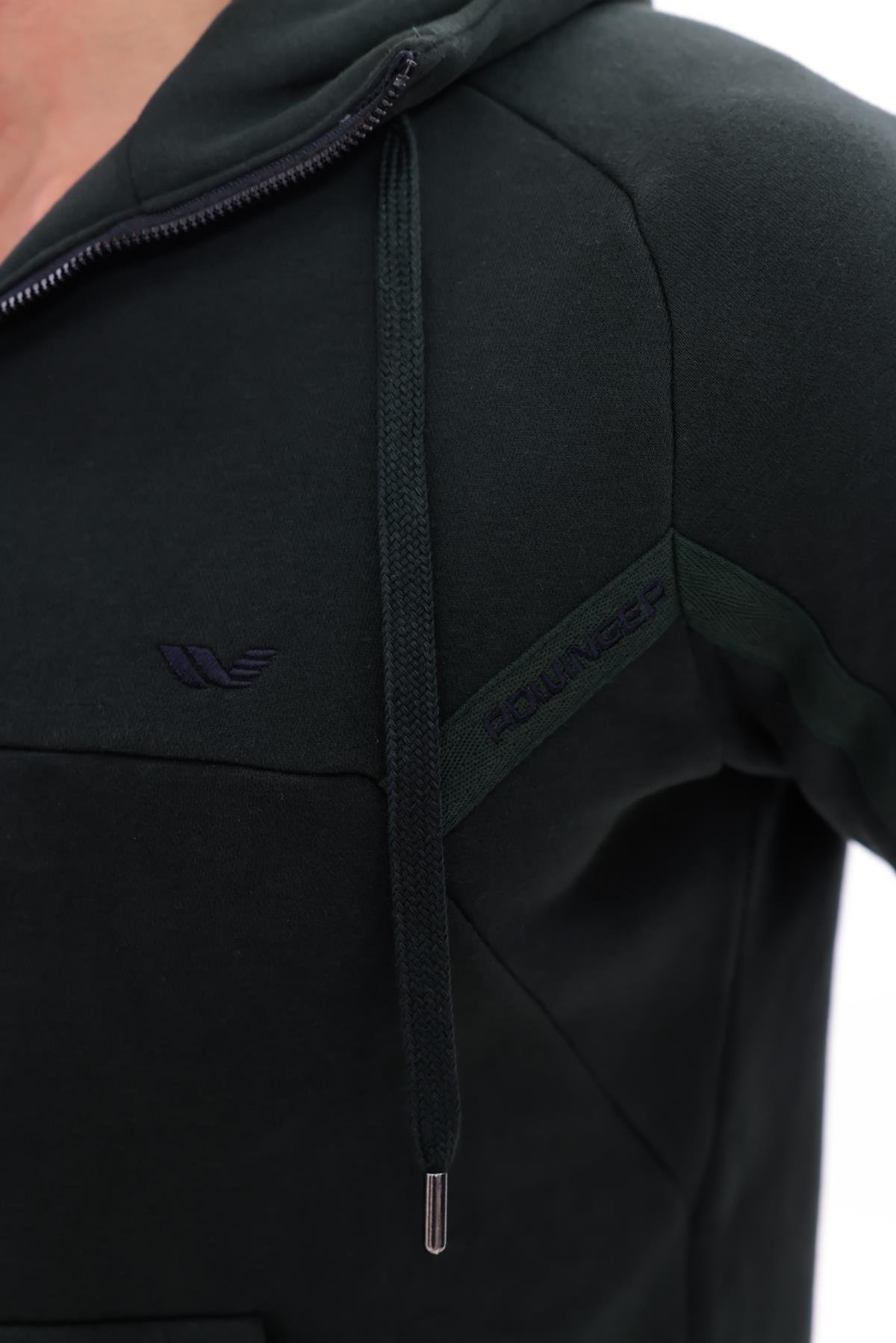 3 İplik Kalın Dokulu Parçalı Görünümlü Kapüşonlu Tam Fermuarlı Erkek Sweatshirt