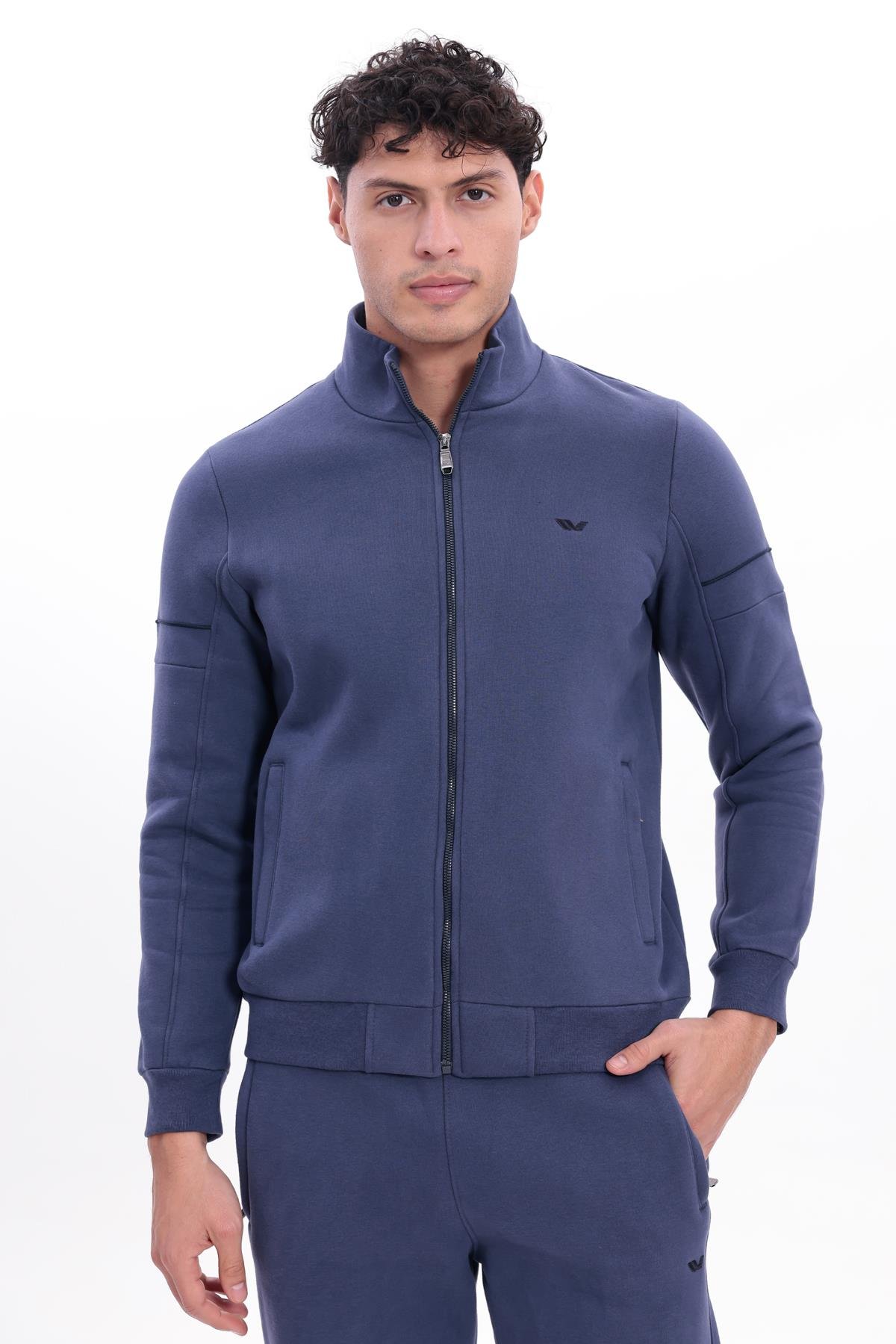 3 İplik Kalın Dokulu Parçalı Görünümlü Kapüşonlu Tam Fermuarlı Erkek Sweatshirt