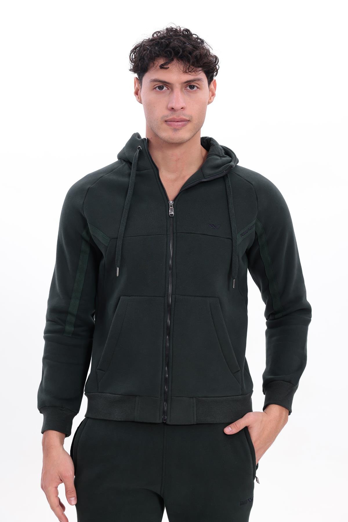 3 İplik Kalın Dokulu Parçalı Görünümlü Kapüşonlu Tam Fermuarlı Erkek Sweatshirt