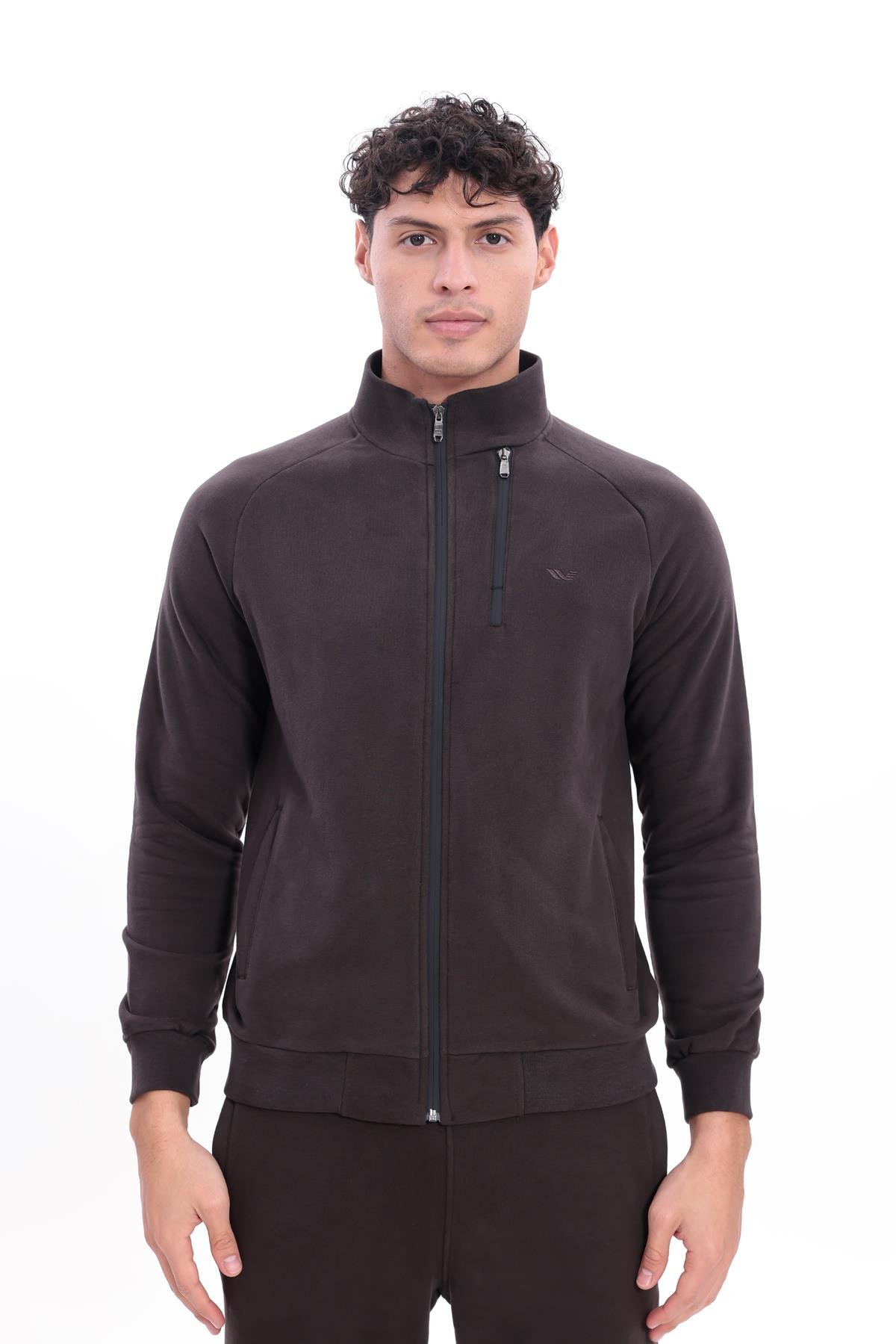 3 İplik Kalın Dokulu Pilot Yaka Velör Şeritli Tam Fermuarlı Erkek Sweatshirt