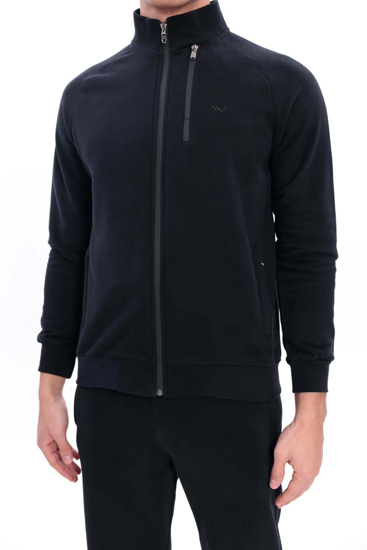 3 İplik Kalın Dokulu Pilot Yaka Velör Şeritli Tam Fermuarlı Erkek Sweatshirt
