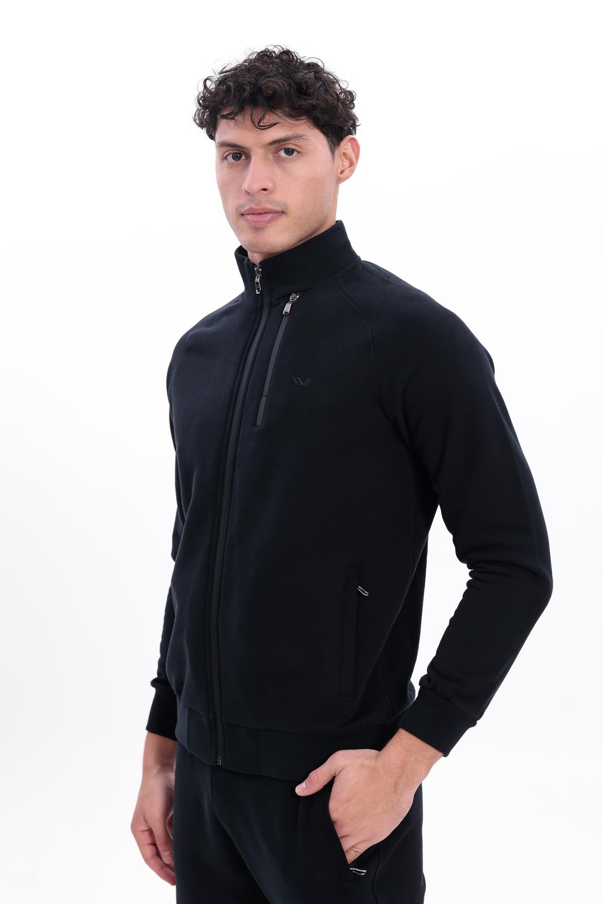 3 İplik Kalın Dokulu Pilot Yaka Velör Şeritli Tam Fermuarlı Erkek Sweatshirt