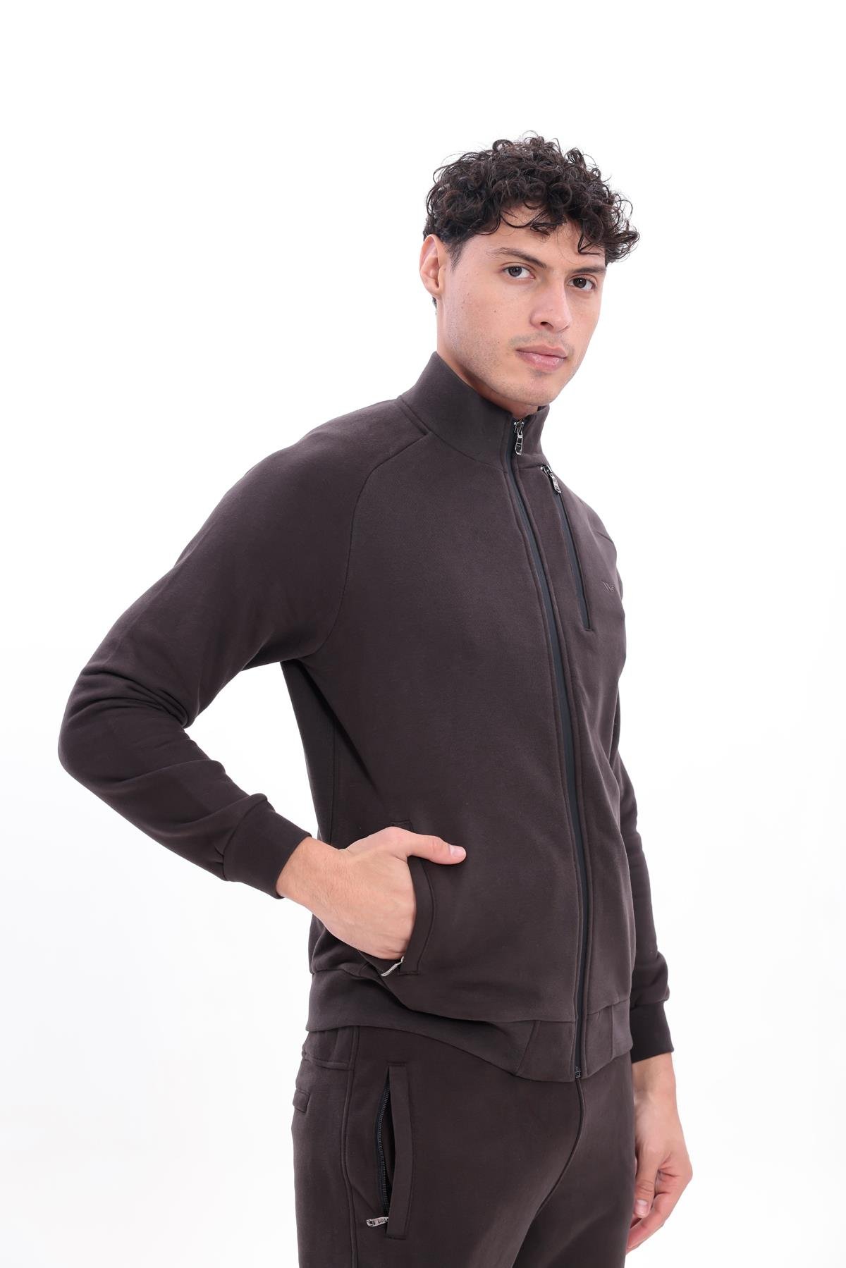 3 İplik Kalın Dokulu Pilot Yaka Velör Şeritli Tam Fermuarlı Erkek Sweatshirt