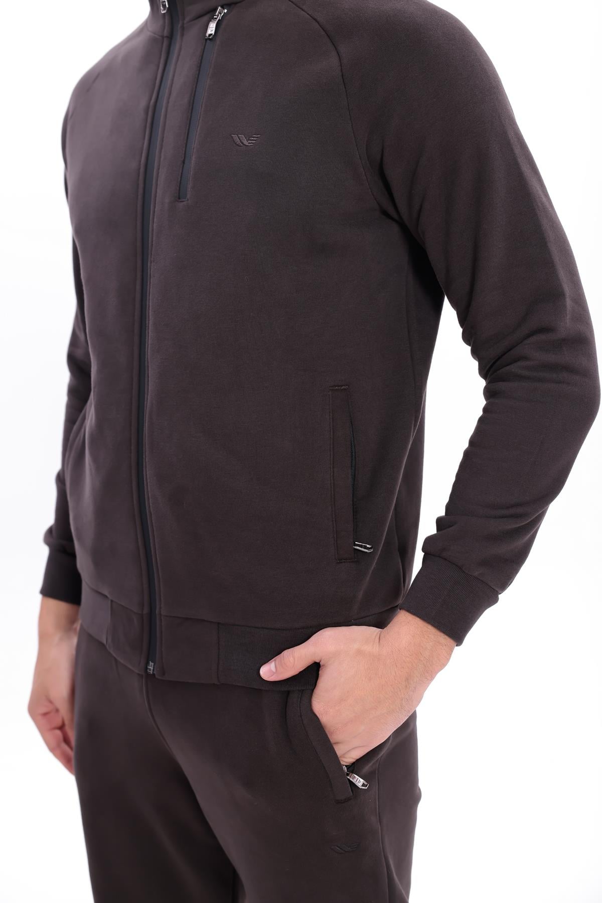 3 İplik Kalın Dokulu Pilot Yaka Velör Şeritli Tam Fermuarlı Erkek Sweatshirt