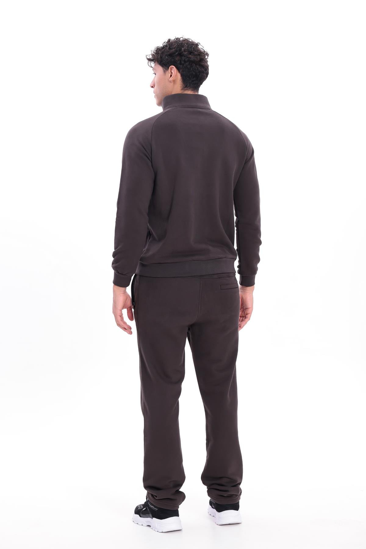 3 İplik Kalın Dokulu Pilot Yaka Velör Şeritli Tam Fermuarlı Erkek Sweatshirt