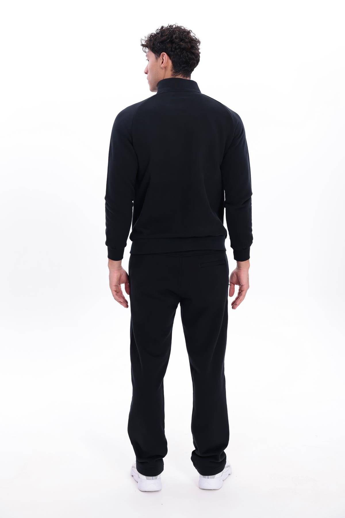 3 İplik Kalın Dokulu Pilot Yaka Velör Şeritli Tam Fermuarlı Erkek Sweatshirt