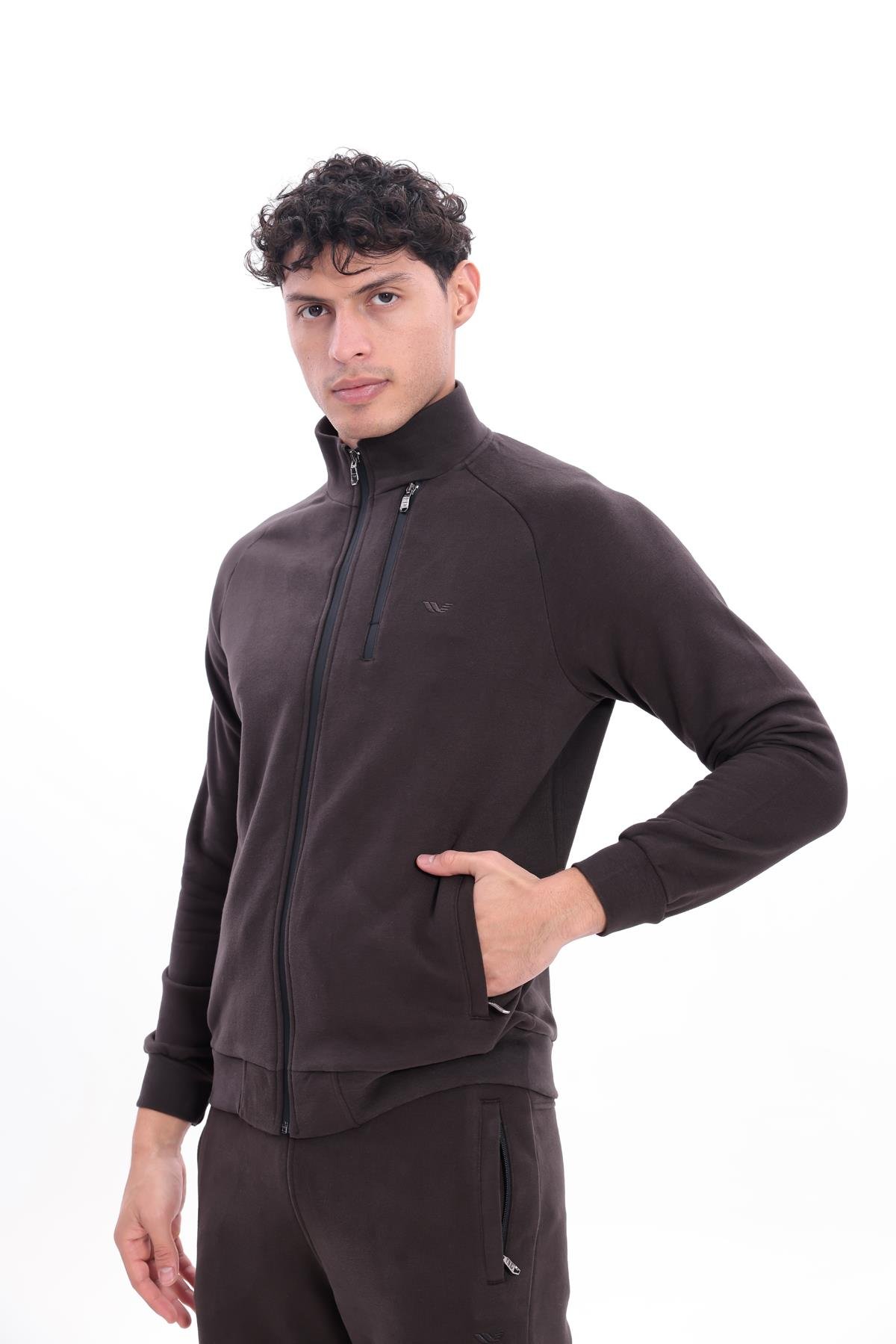 3 İplik Kalın Dokulu Pilot Yaka Velör Şeritli Tam Fermuarlı Erkek Sweatshirt