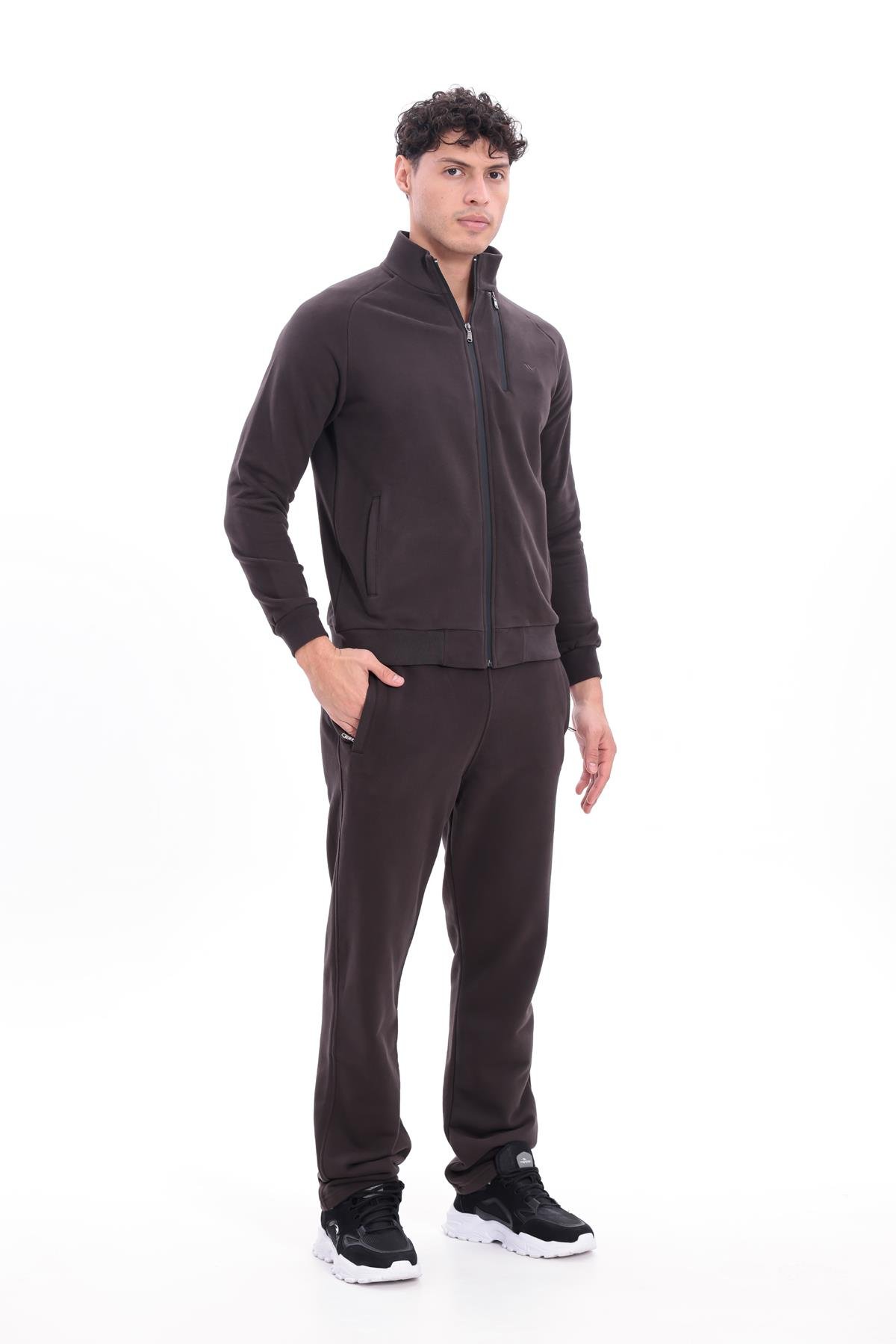 3 İplik Kalın Dokulu Pilot Yaka Velör Şeritli Tam Fermuarlı Erkek Sweatshirt