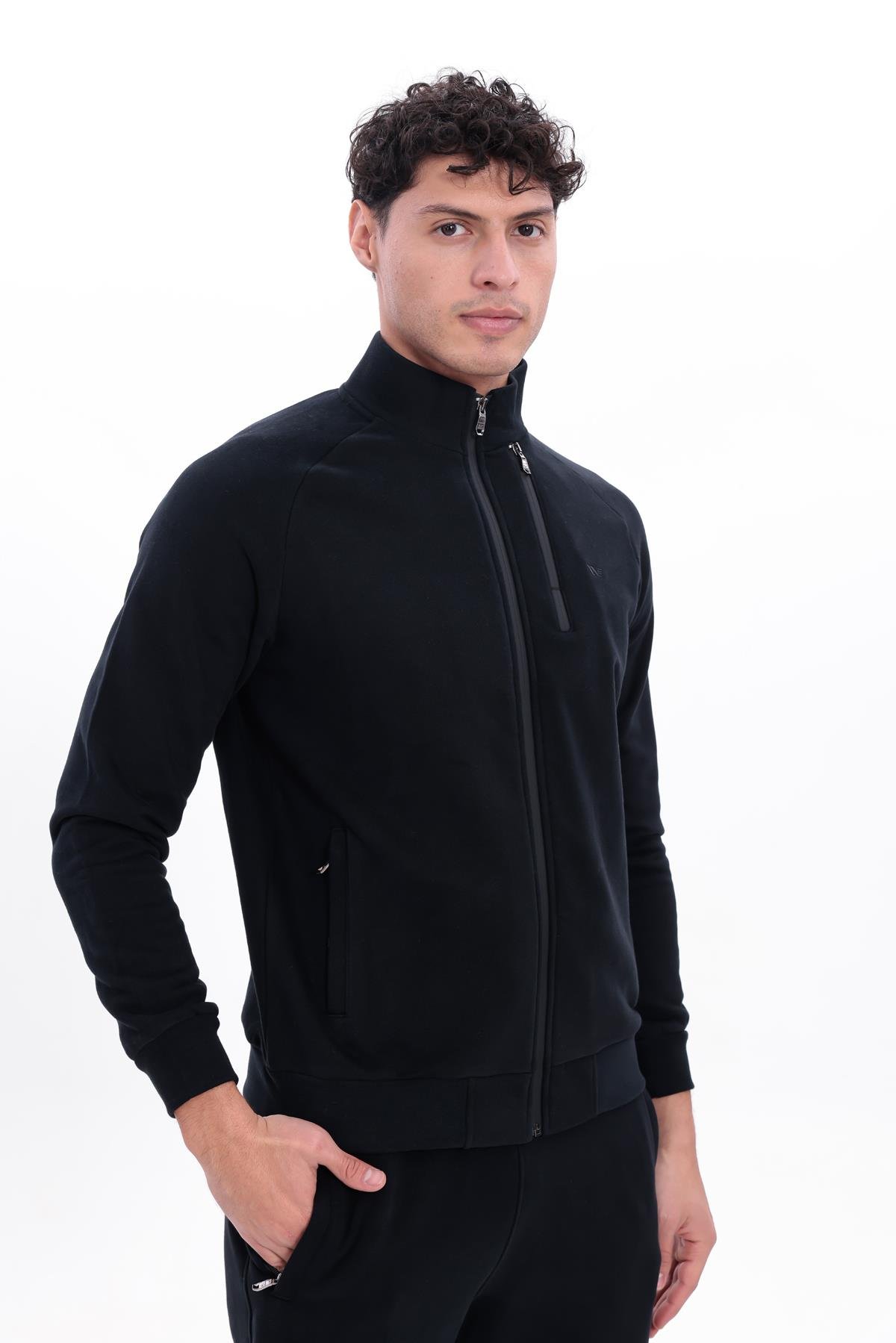 3 İplik Kalın Dokulu Pilot Yaka Velör Şeritli Tam Fermuarlı Erkek Sweatshirt