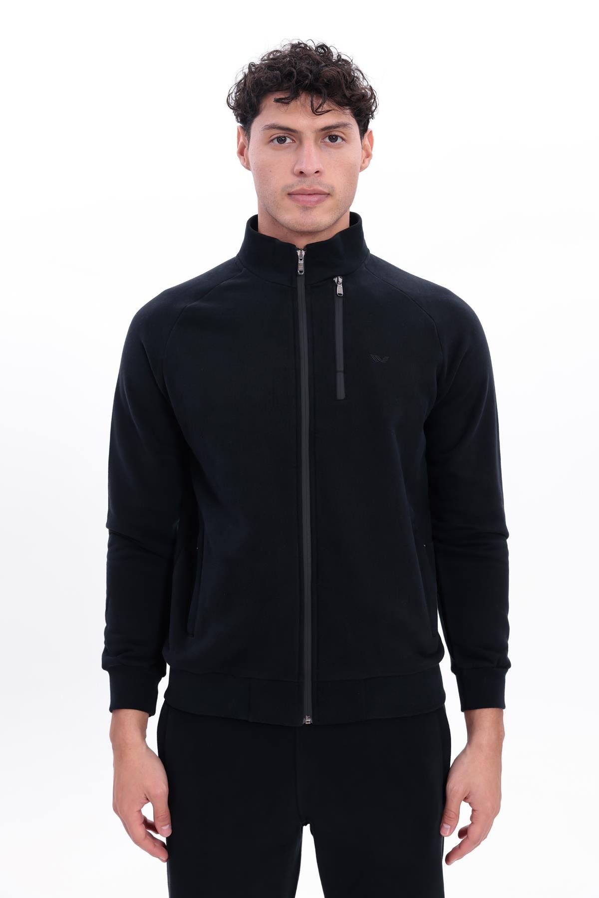 3 İplik Kalın Dokulu Pilot Yaka Velör Şeritli Tam Fermuarlı Erkek Sweatshirt