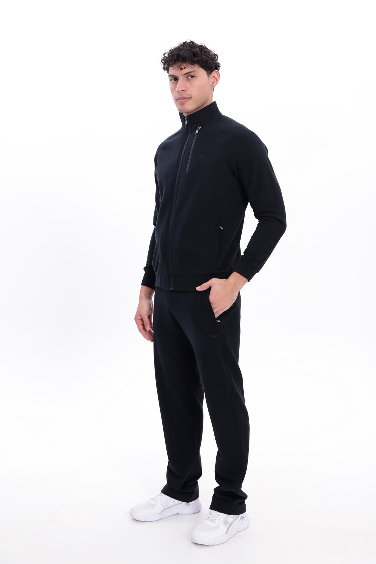 3 İplik Kalın Dokulu Pilot Yaka Velör Şeritli Tam Fermuarlı Erkek Sweatshirt