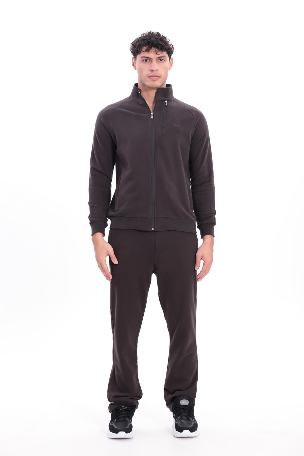 3 İplik Kalın Dokulu Pilot Yaka Velör Şeritli Tam Fermuarlı Erkek Sweatshirt