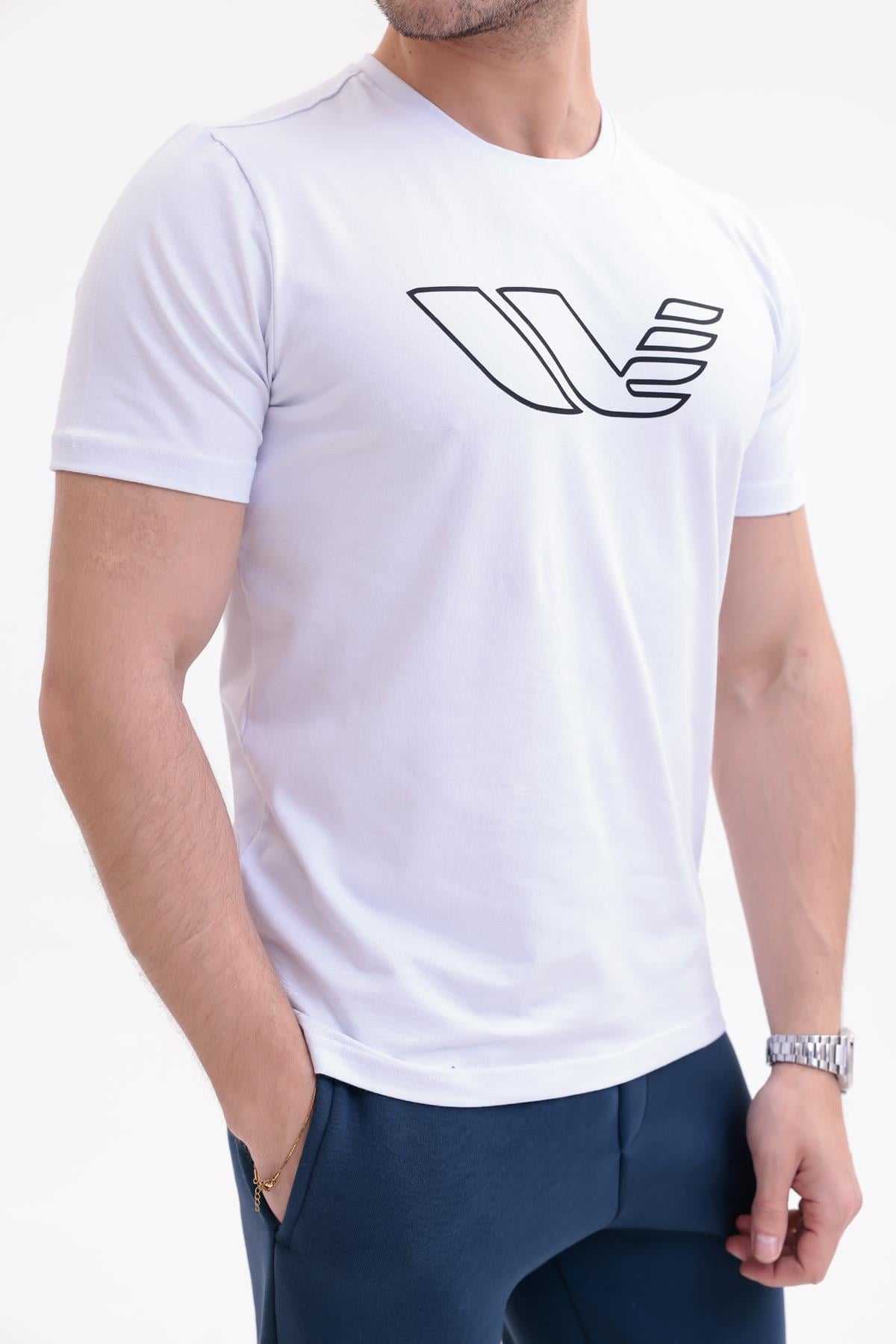 30/1 Süprem Kumaş Bisiklet Yaka Logo Baskılı Kısa Kollu Erkek Tişört