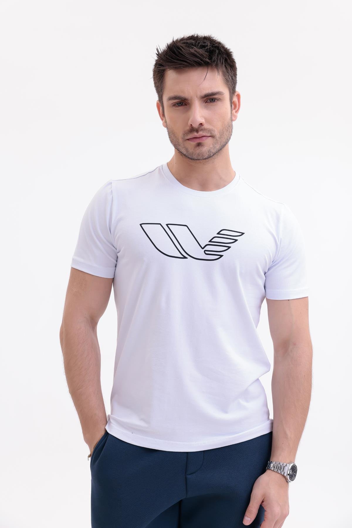 30/1 Süprem Kumaş Bisiklet Yaka Logo Baskılı Kısa Kollu Erkek Tişört