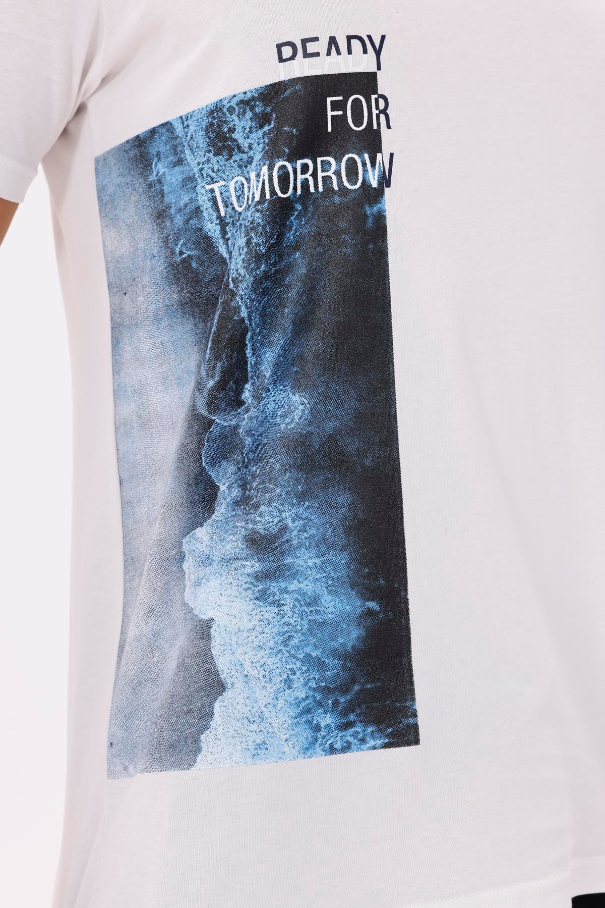 Bisiklet Yaka Ön Baskılı Rahat Kalıp Kısa Kollu Yumuşak Dokulu Tişört