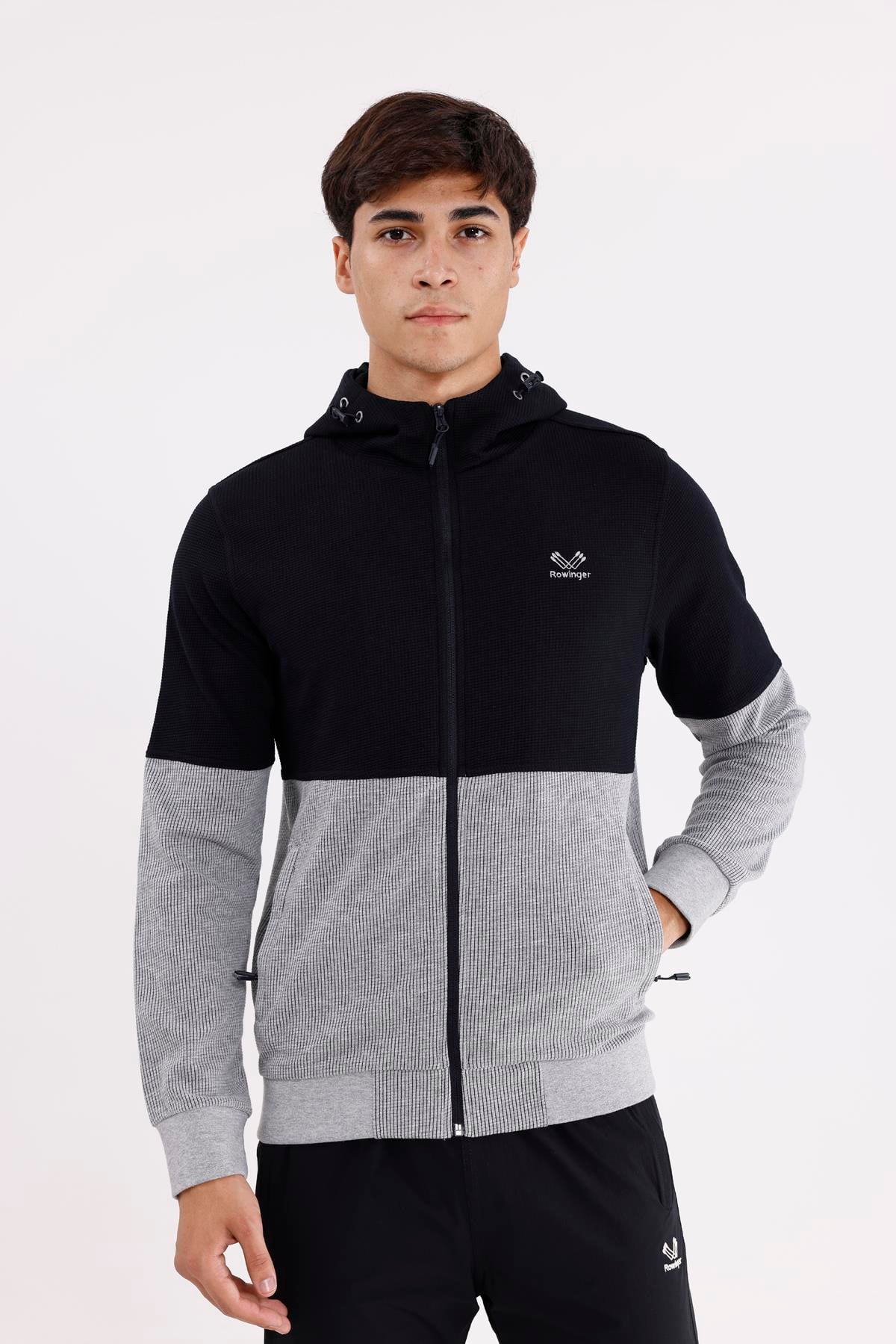 Blok Renkli Pıtırcık Yüzeyli Tam Fermuarlı Yan Cepli Esnek Manşetli Kapüşonlu Sweatshirt